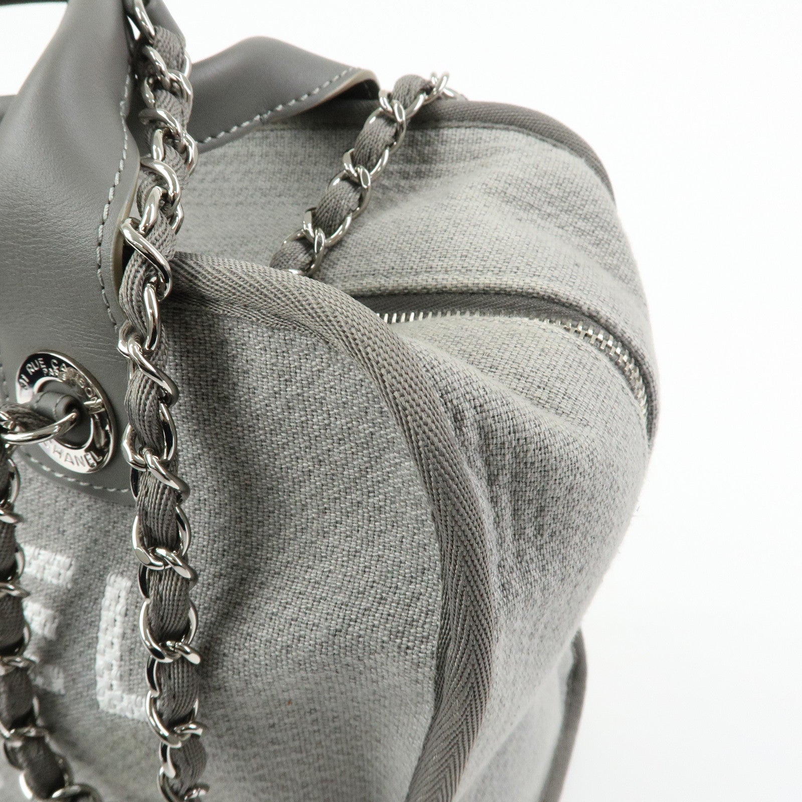 CHANEL Deauville Canvas Leather 2Way Boston Chain Shoulder Bag Gray