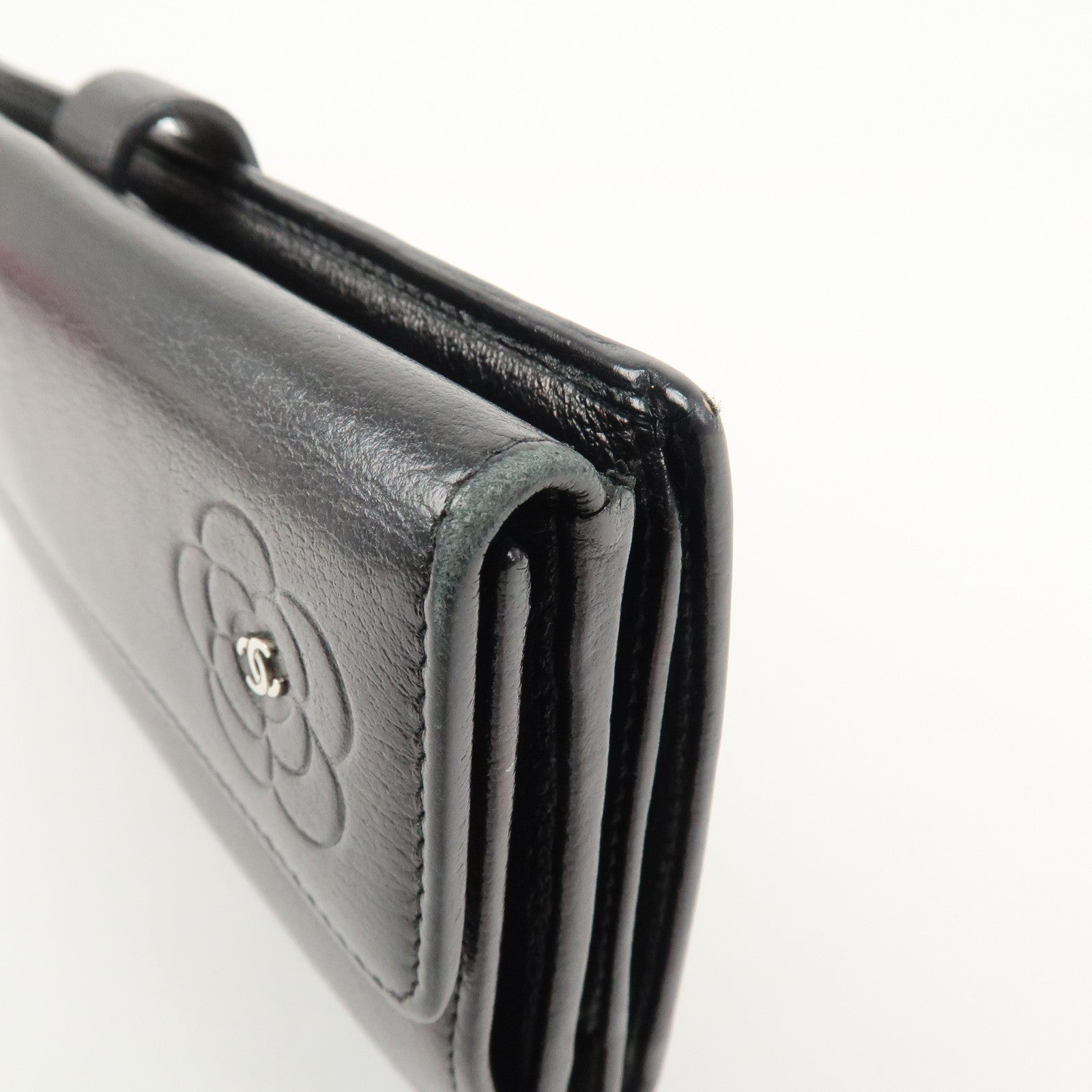 CHANEL Camellia COCO Mark Leather Bi-fold Long Wallet Black