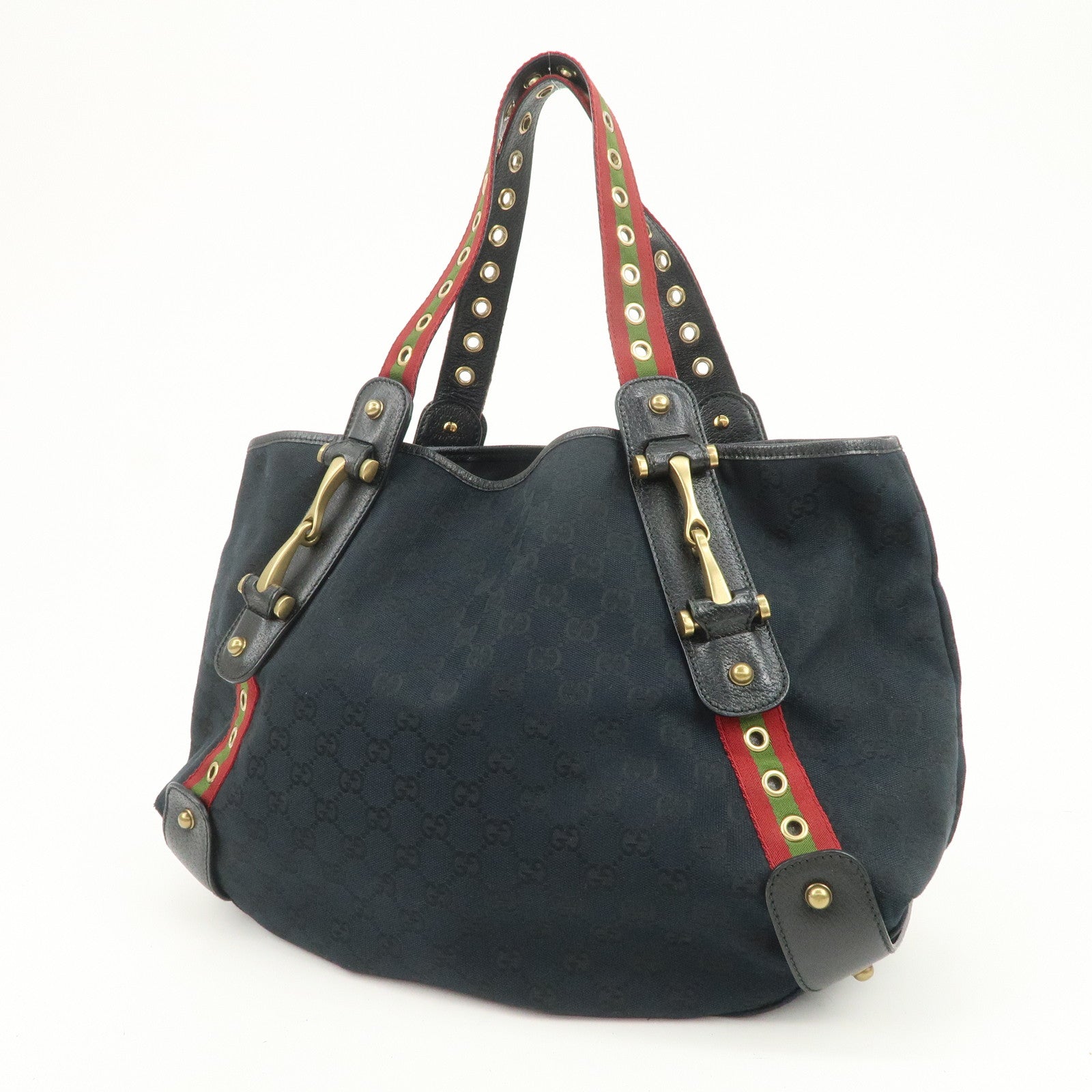 GUCCI Horsebit GG Canvas Leather Tote Bag Hand Bag Black 144186