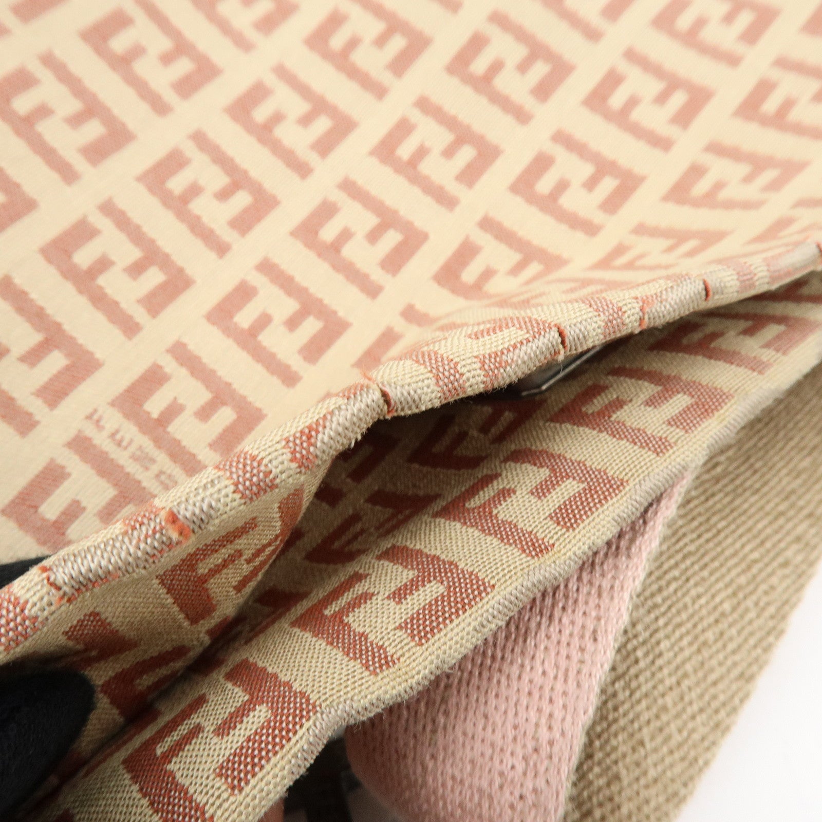 FENDI Zucchino Canvas Leather Shoulder Bag Beige Pink 8BR318