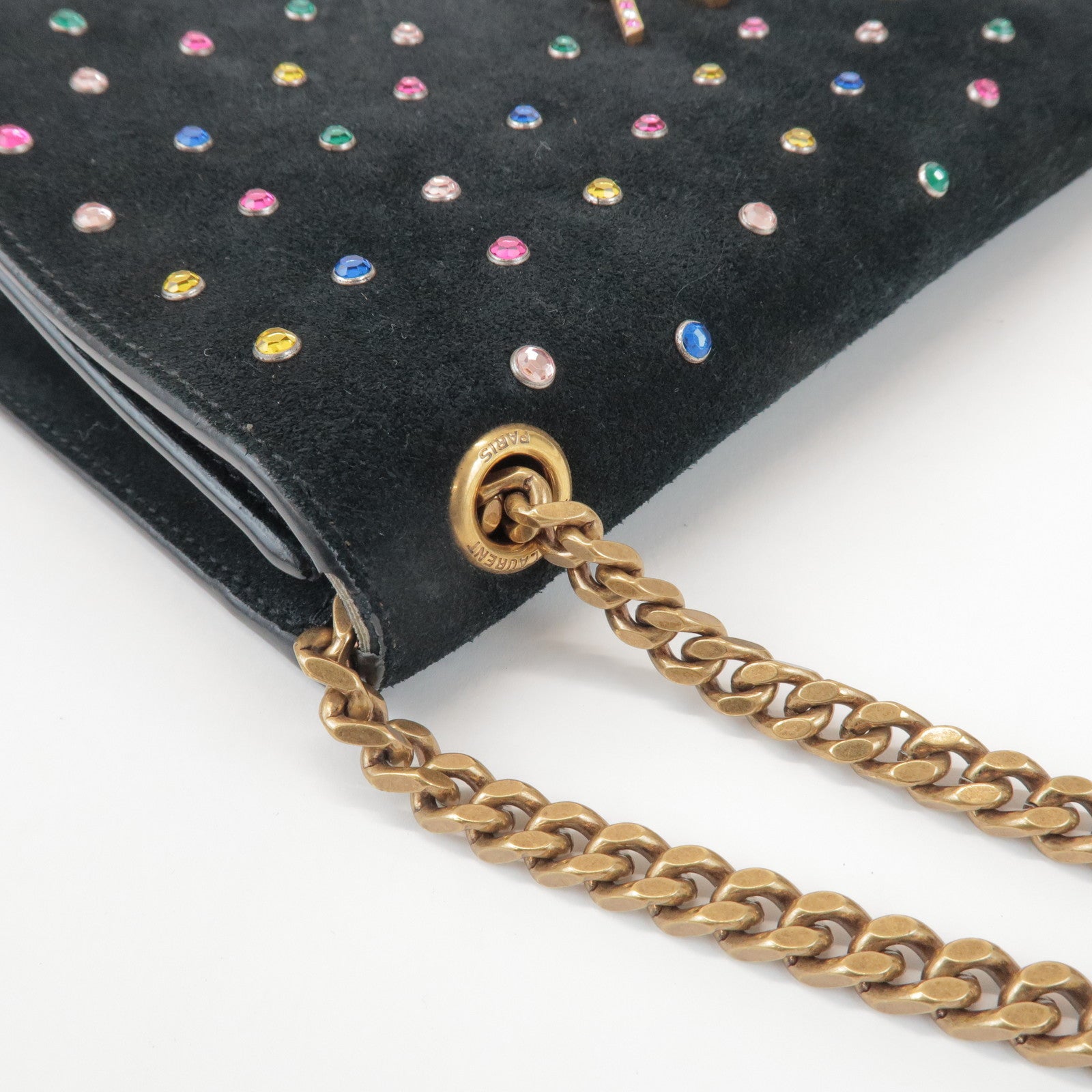 SAINT LAURENT PARIS Cassandra Suede Rhinestone Shoulder Bag 513074