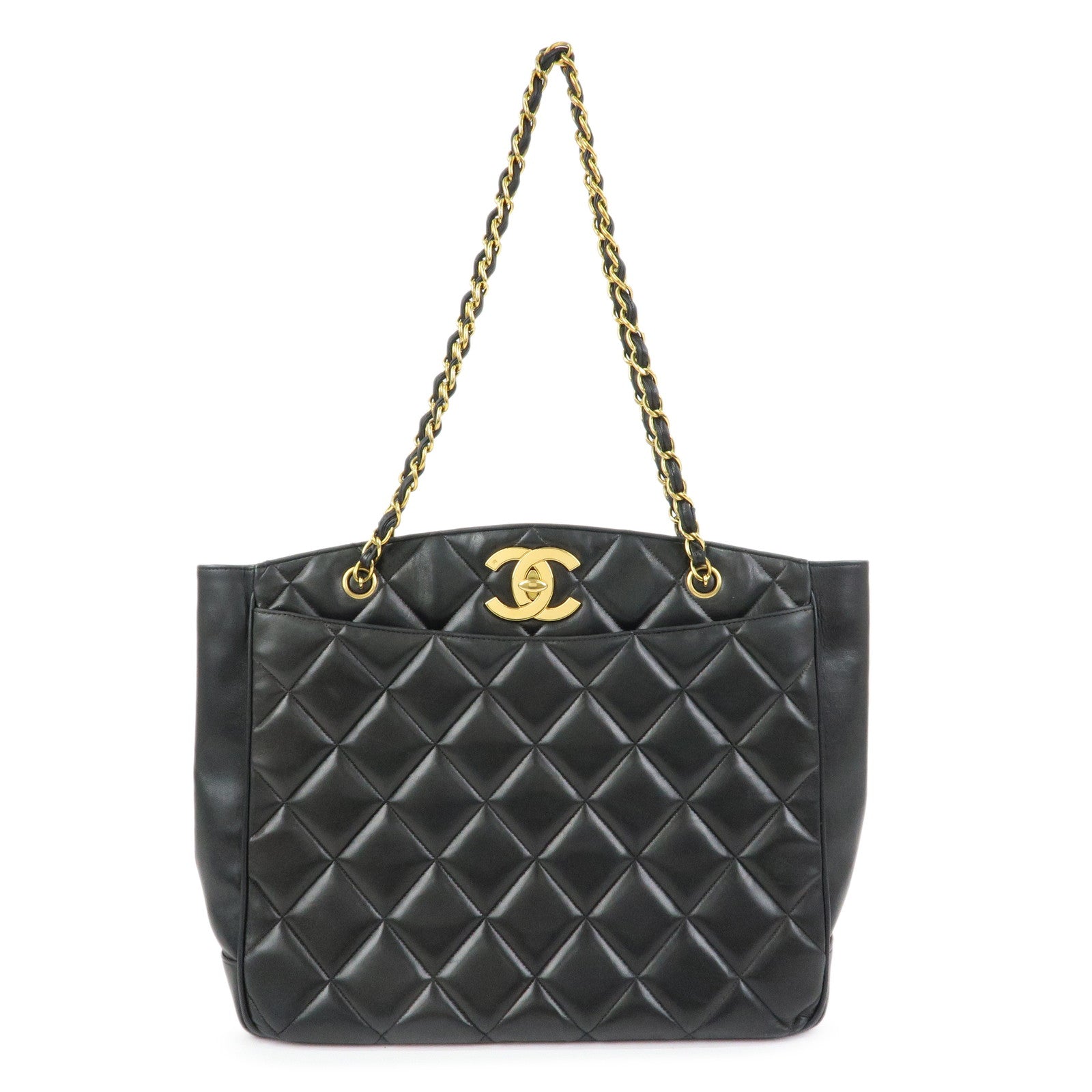 CHANEL Matelasse COCO Mark Lamb Skin Tote Bag Shoulder Bag Black