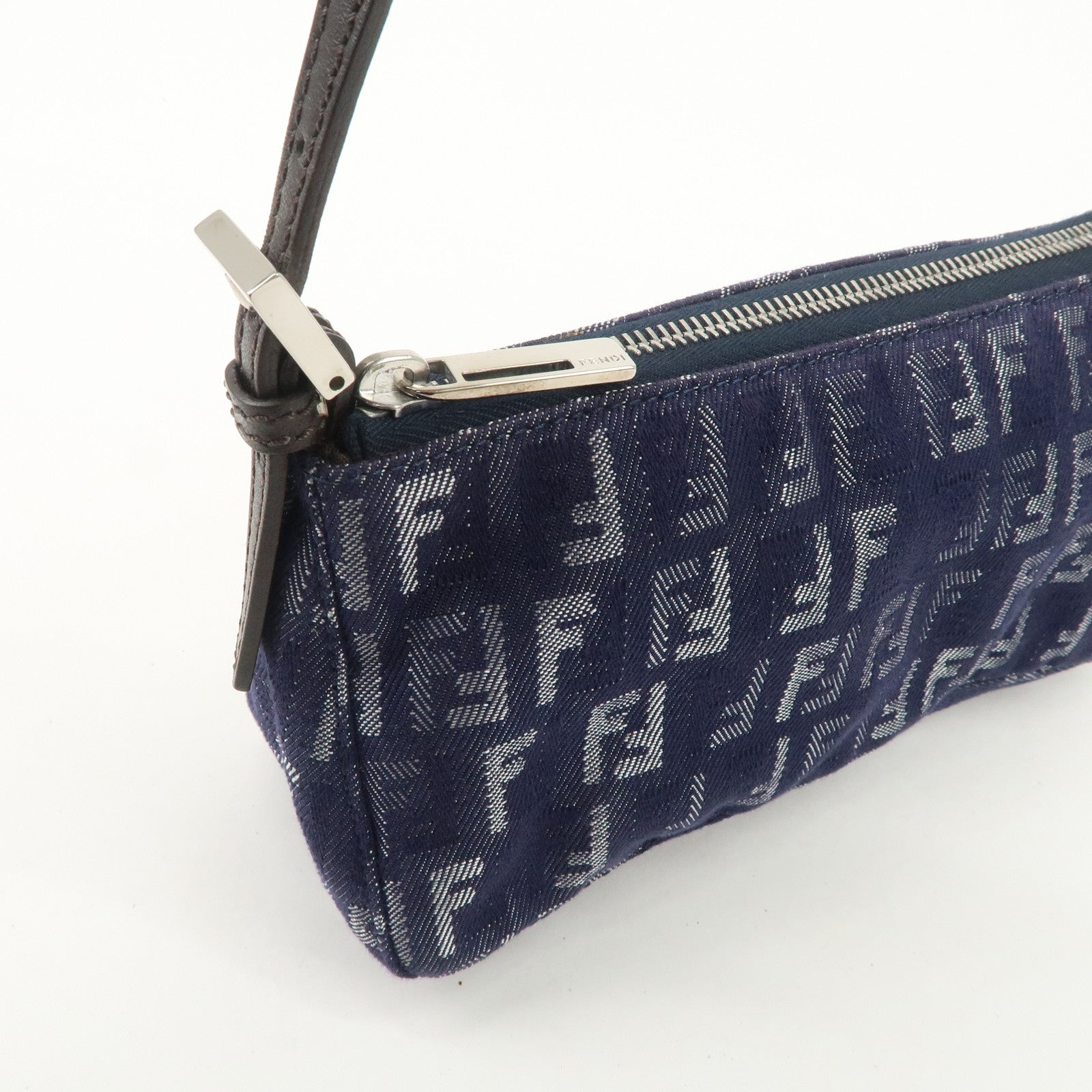 FENDI Zucchino Canvas Leather Shoulder Bag Pouch Navy 8BR249 Used