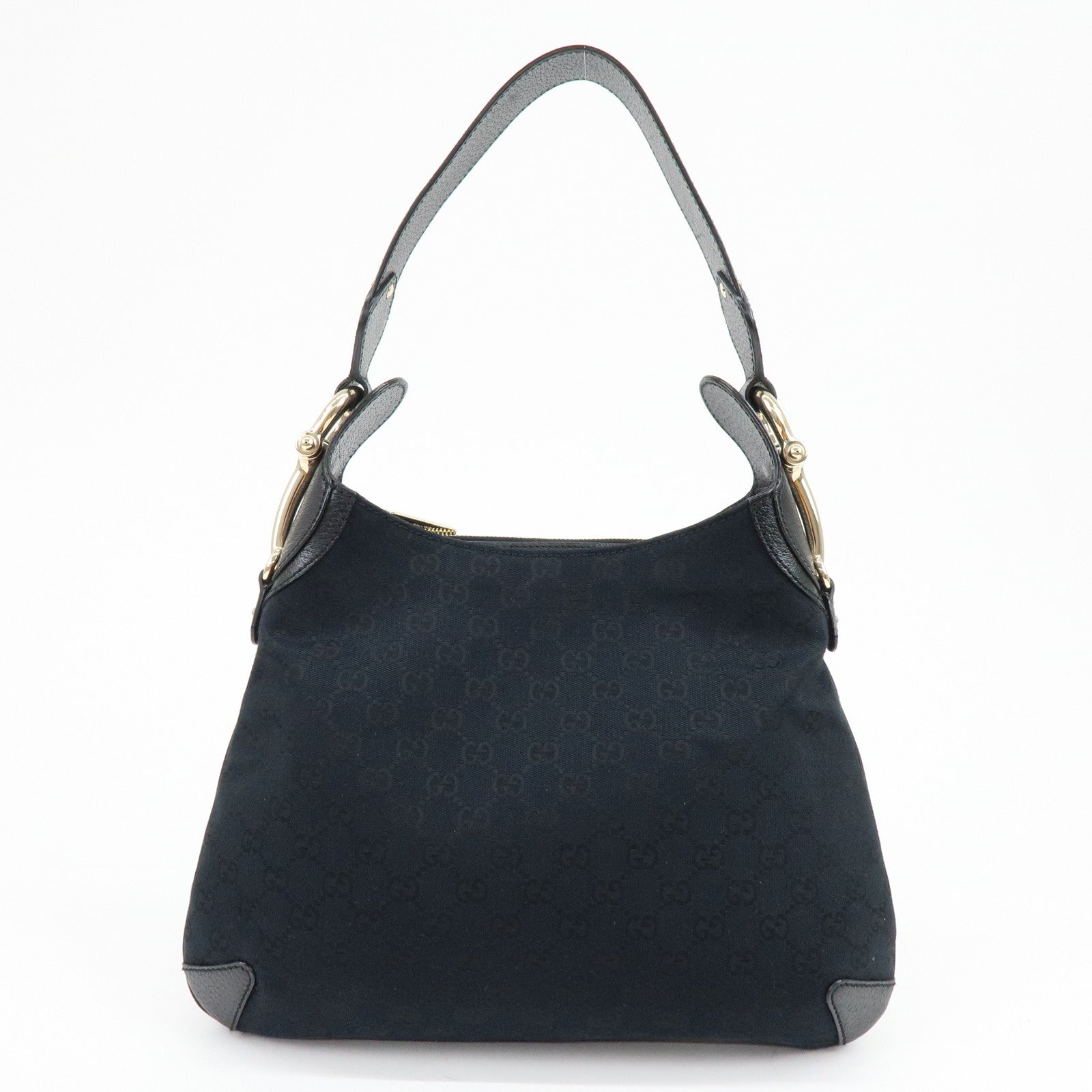 GUCCI Horsebit GG Canvas Leather Shoulder Bag Black 145826