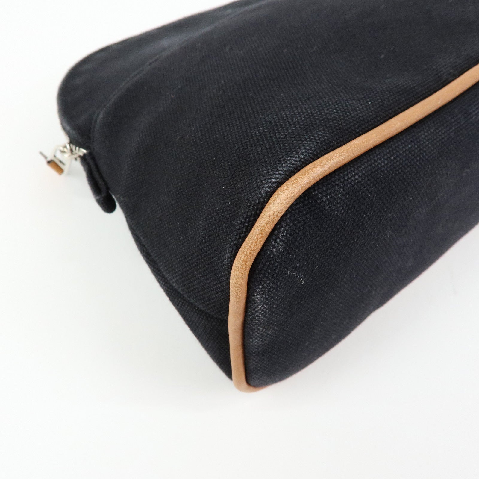 HERMES Bolide MM Cotton Leather Cosmetic Pouch Black Beige