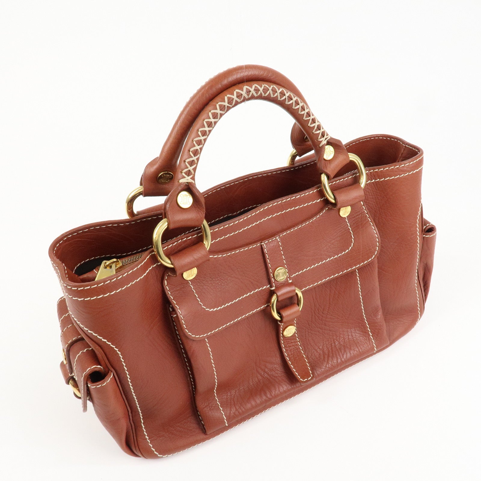 CELINE Leather Boogie Bag Hand Bag Brown Gold HDW Used