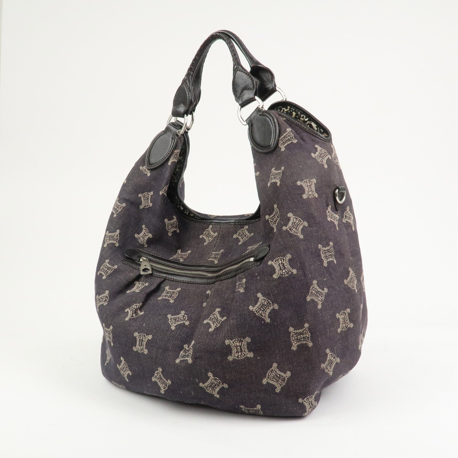 CELINE Macadam Denim Leather 2Way Shoulder Bag Indigo Blue Brown