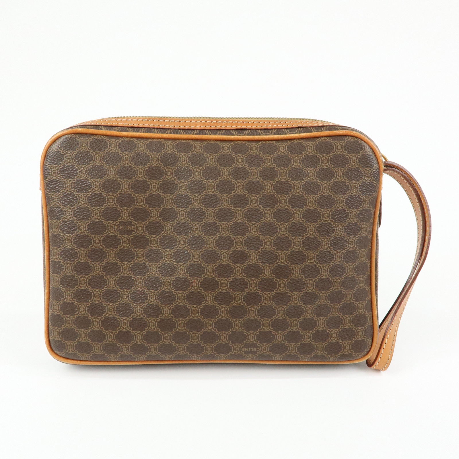 CELINE Macadam PVC Coated Canvas Leather Clutch Bag Pouch Brown