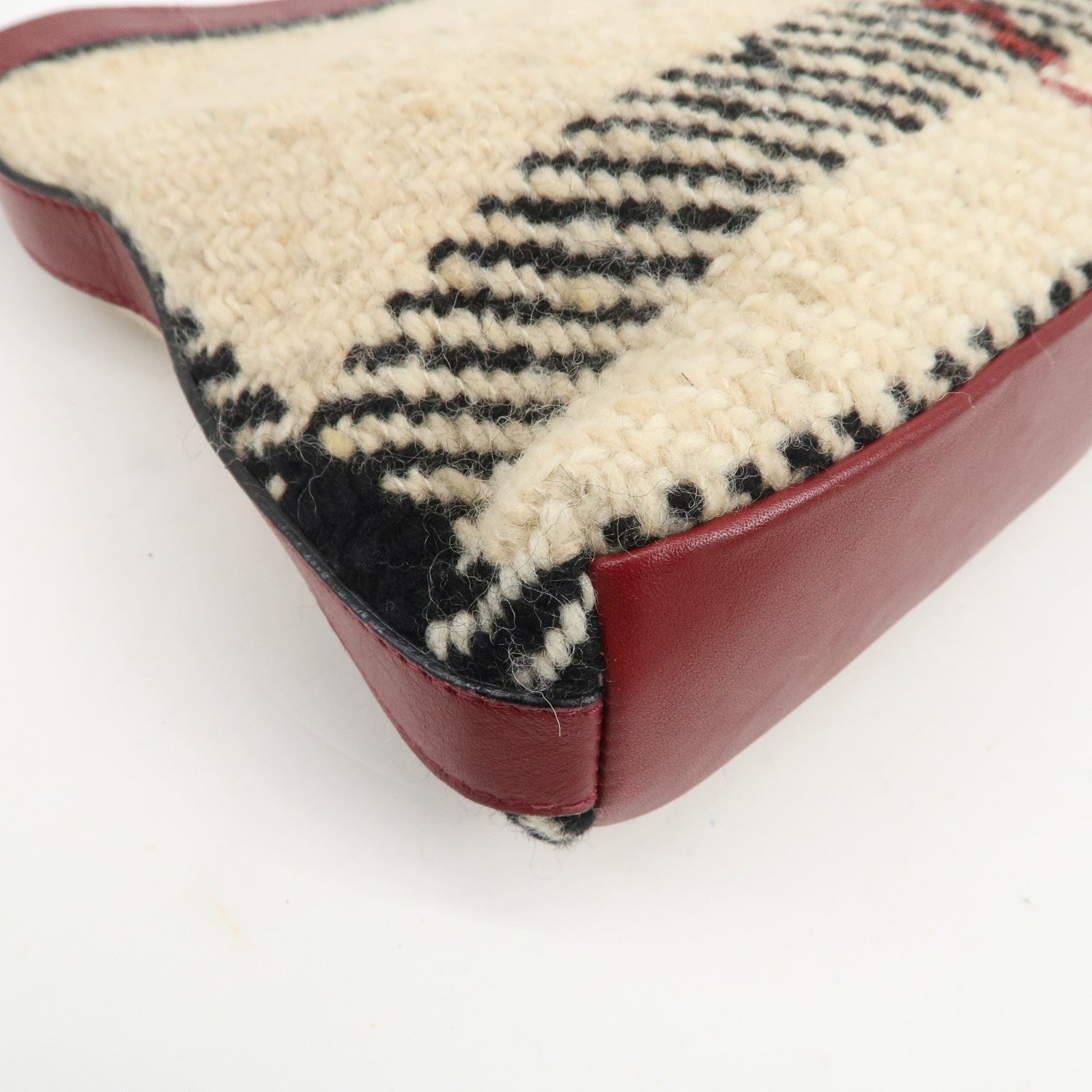 BURBERRY Wool Leather Hand Bag Plaid Wine Red Beige