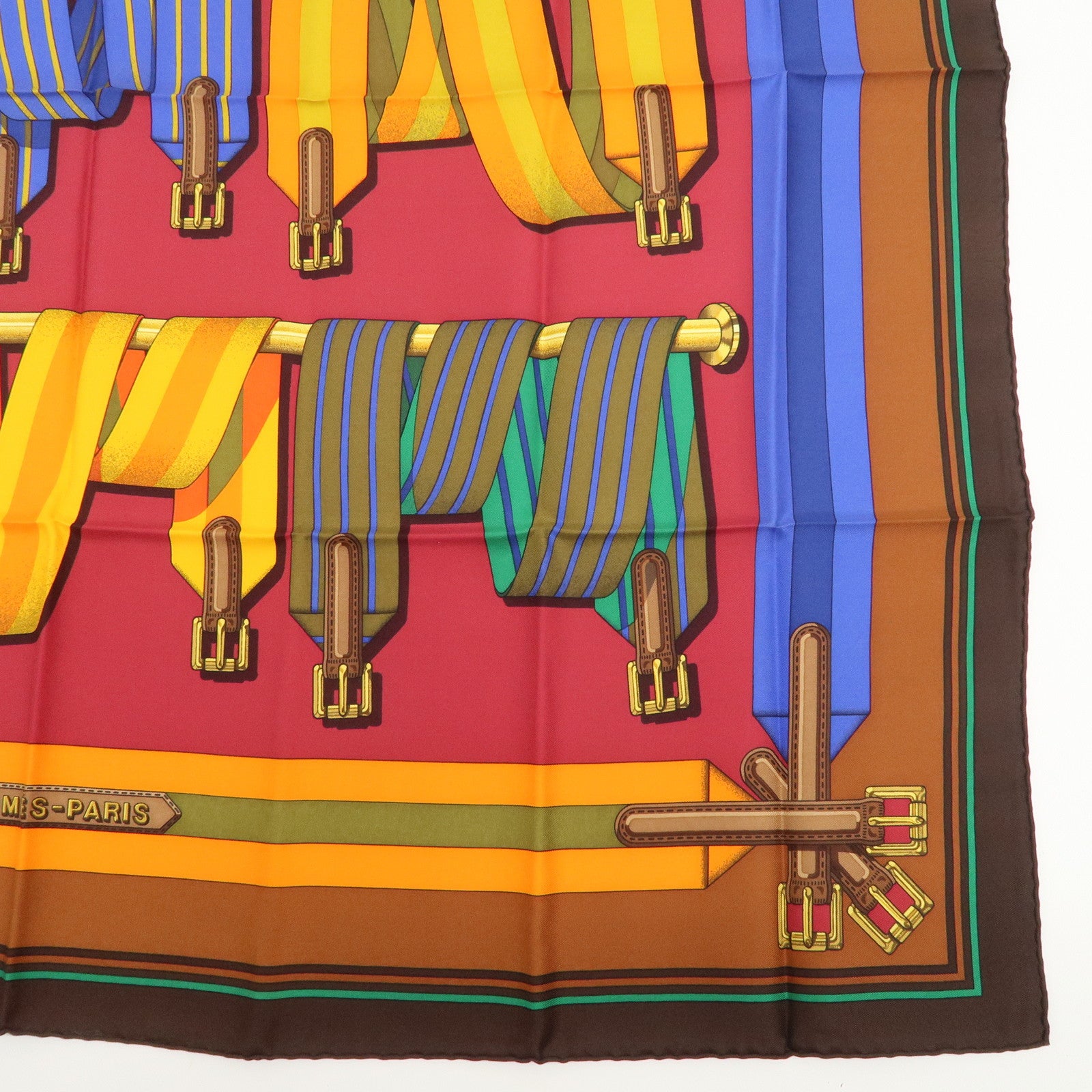 HERMES Carre 90 Silk 100% Scarf J.METZ Les Sangles Wine Red Yellow