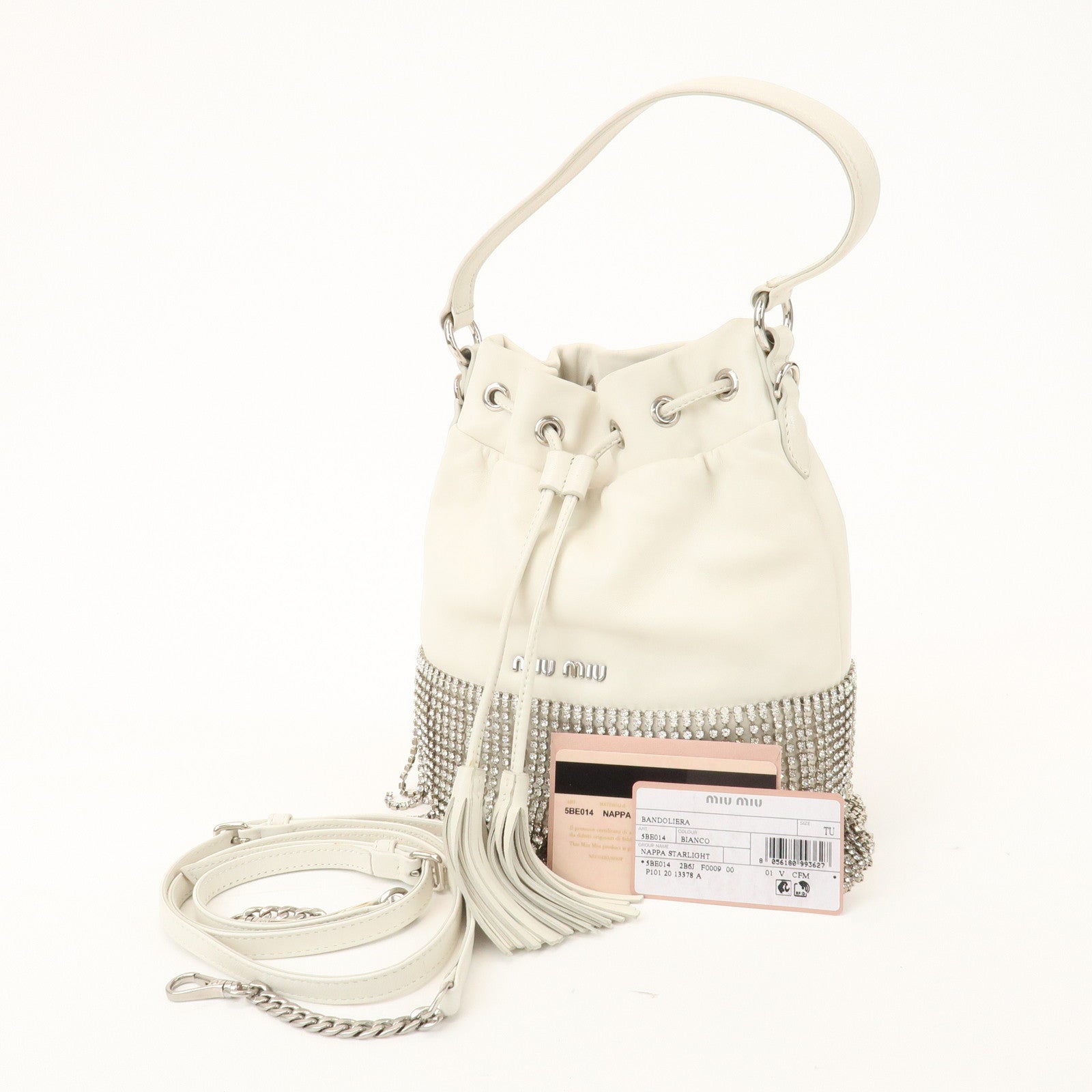 MIU MIU Logo Nappa Leather Strass Fringe 2Way Bag White 5BE014