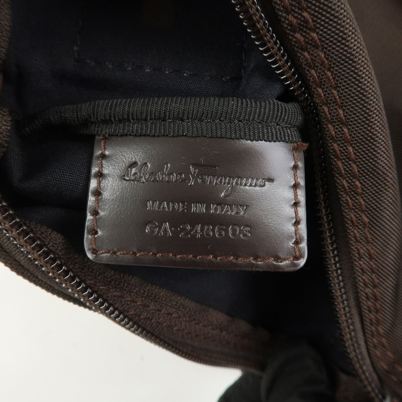 Ferragamo Nylon Leather Shoulder Bag Crossbody Bag Brown Silvern