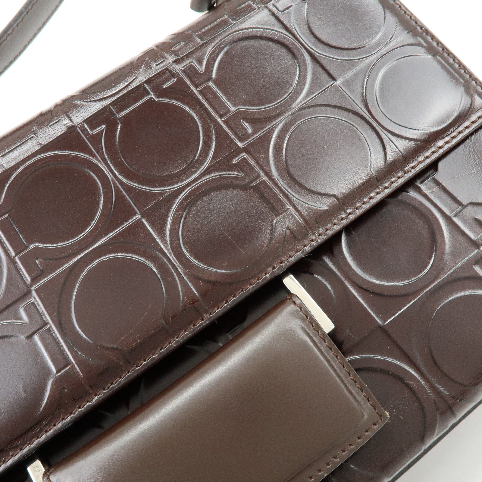 Ferragamo Gancini Leather Shoulder Bag Hand Bag Dark Brown