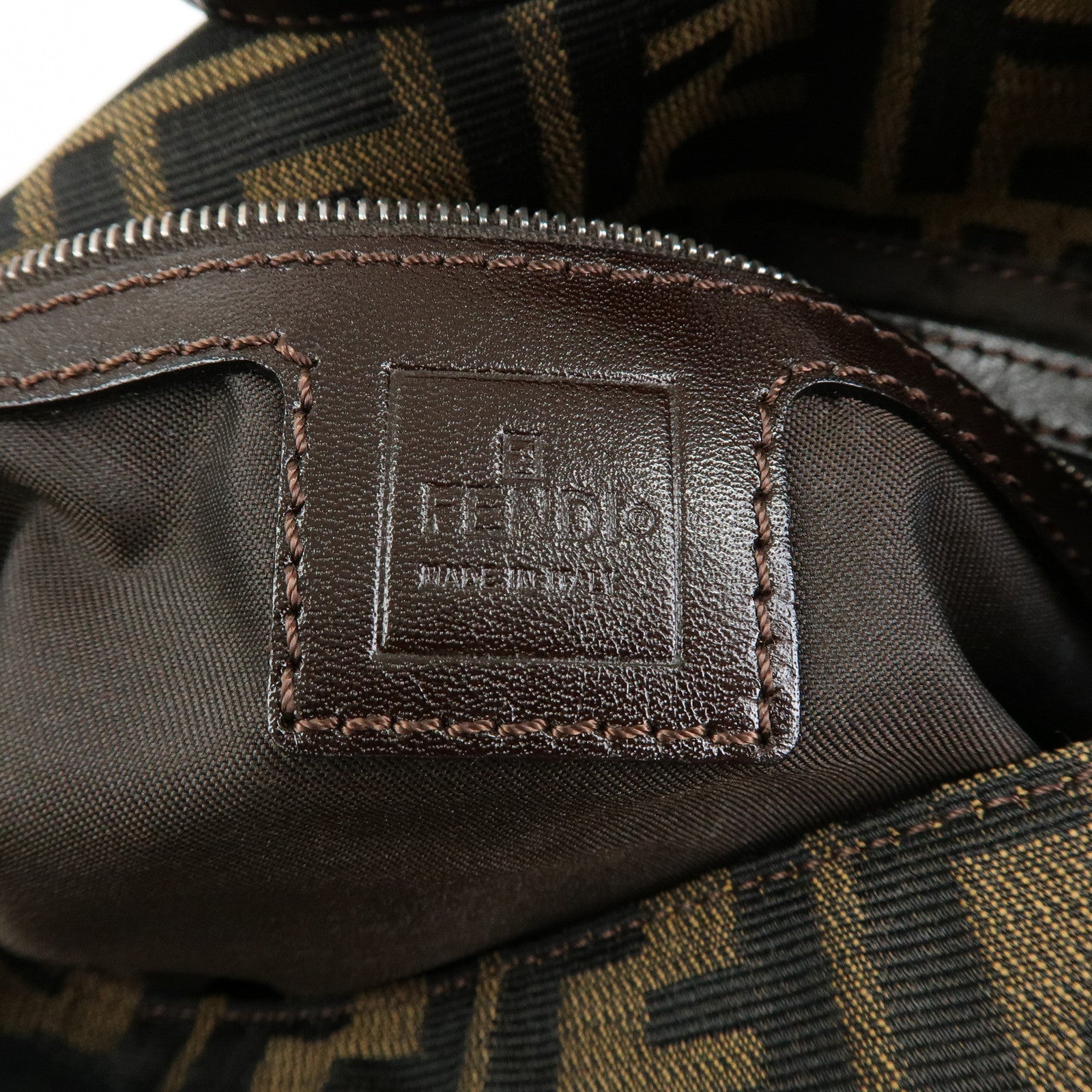 FENDI Mamma Baguette Zucca Canvas Leather Shoulder Bag Brown 26325