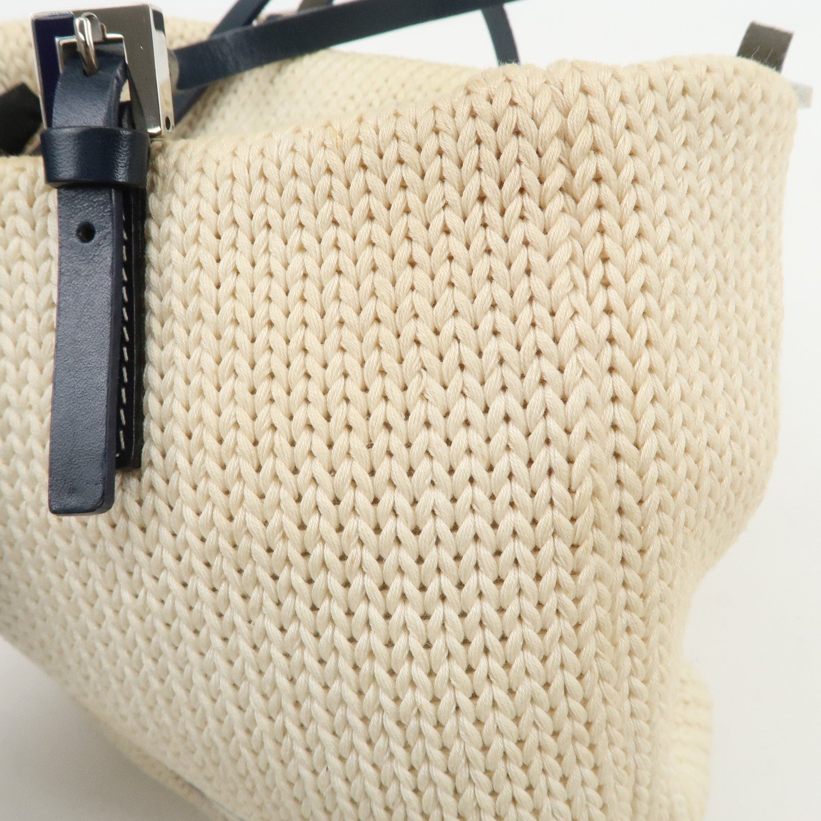 FENDI Logo Wool Leather Hand Bag Shoulder Bag Ivory Navy 26731