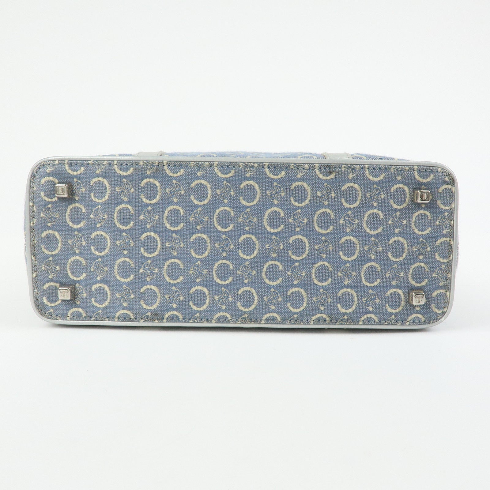 CELINE C Macadam Canvas Leather Tote Bag Hand Bag Light Blue Silver