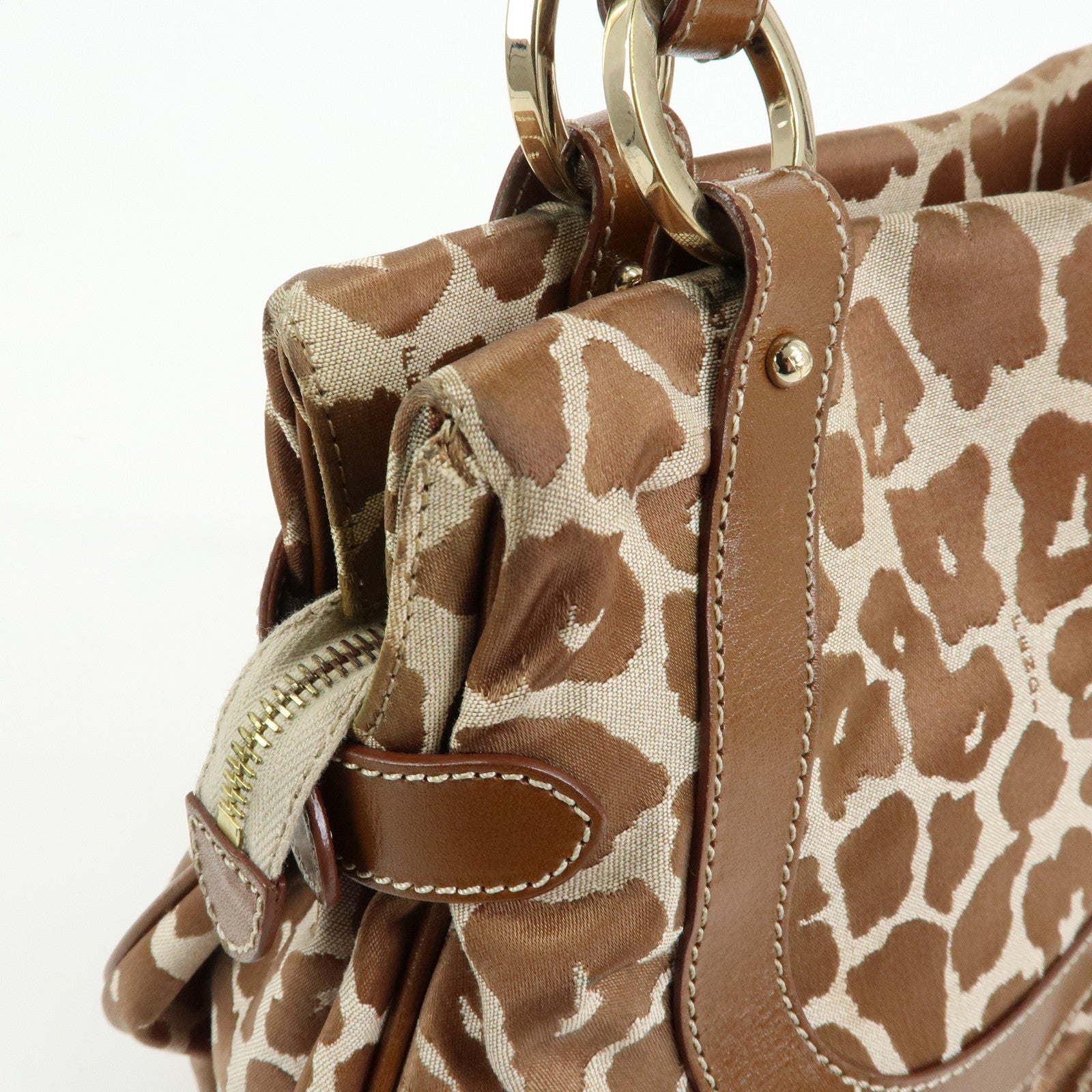 FENDI Canvas Leather Tote Bag Hand Bag Animal Print Brown 8BR628