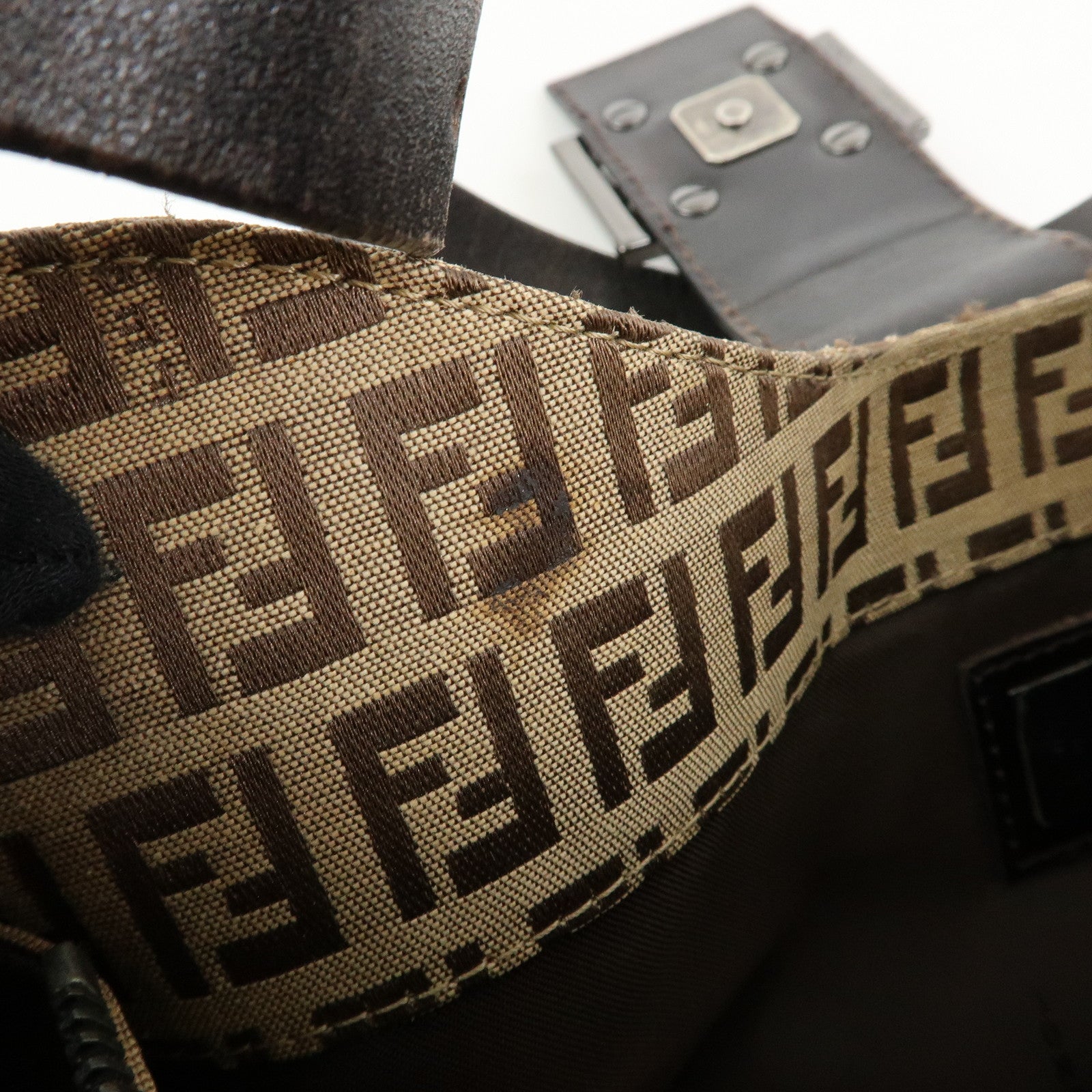 FENDI Zucchino Canvas Leather Shoulder Bag Brown 8BR036