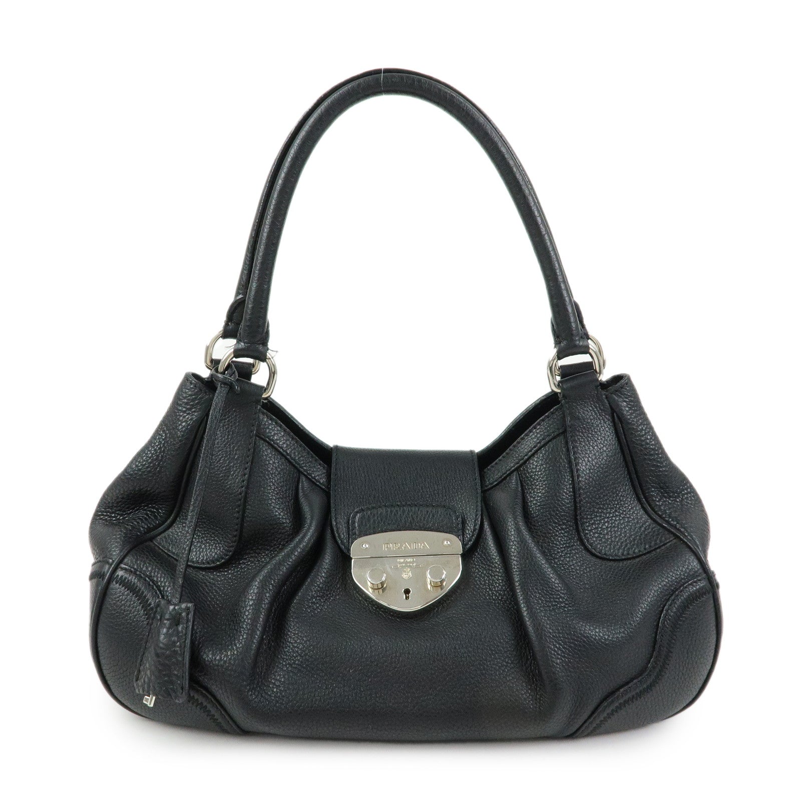 PRADA Sound Lock Leather Shoulder Bag Hand Bag Black B3595