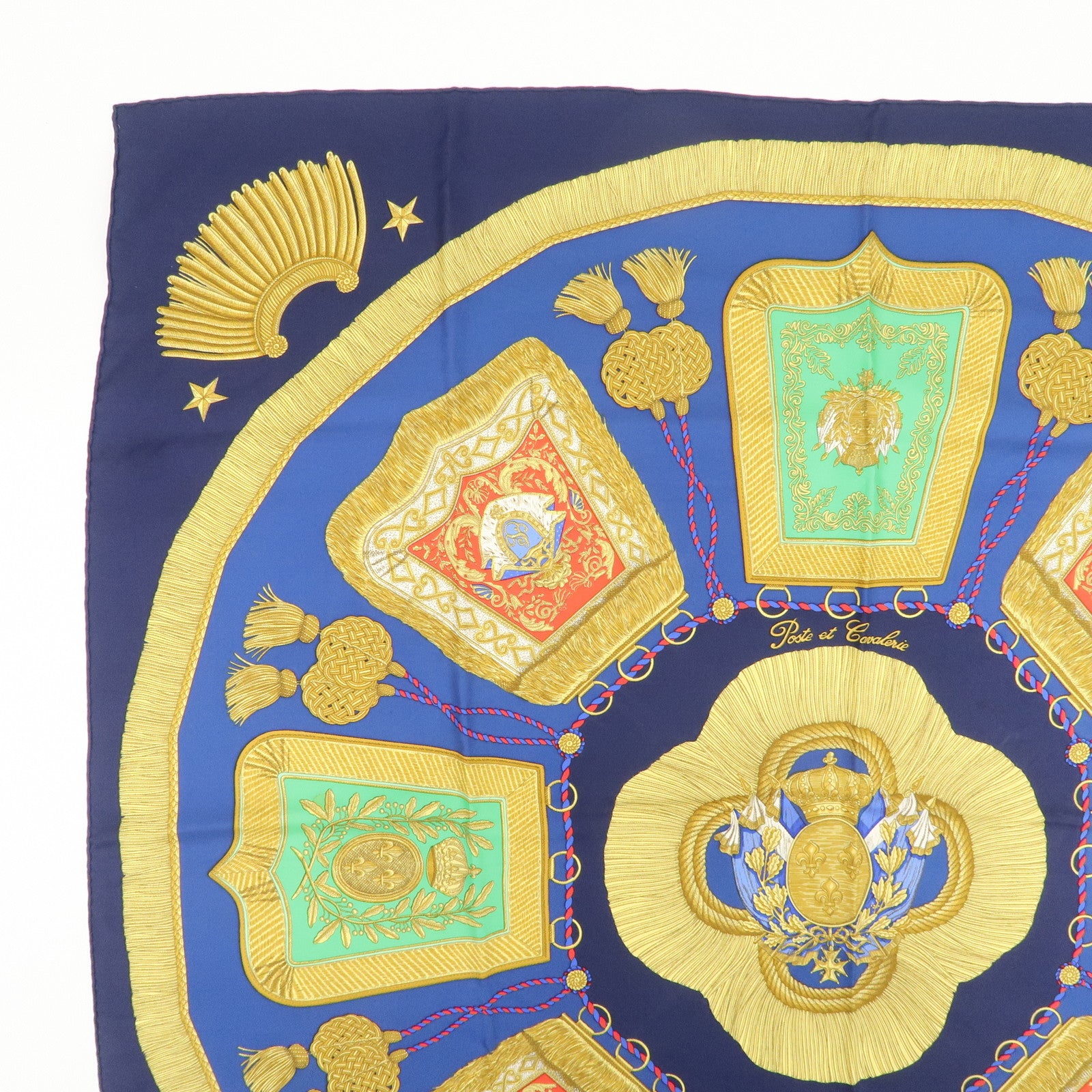 HHERMES Carre 90 Silk 100% Scarf Poste et Cavalerie Navy Gold