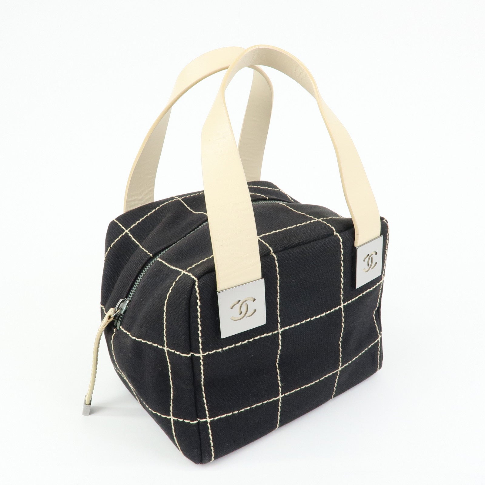 CHANEL Chocolate Bar Canvas Leather Hand Bag Black Ivory