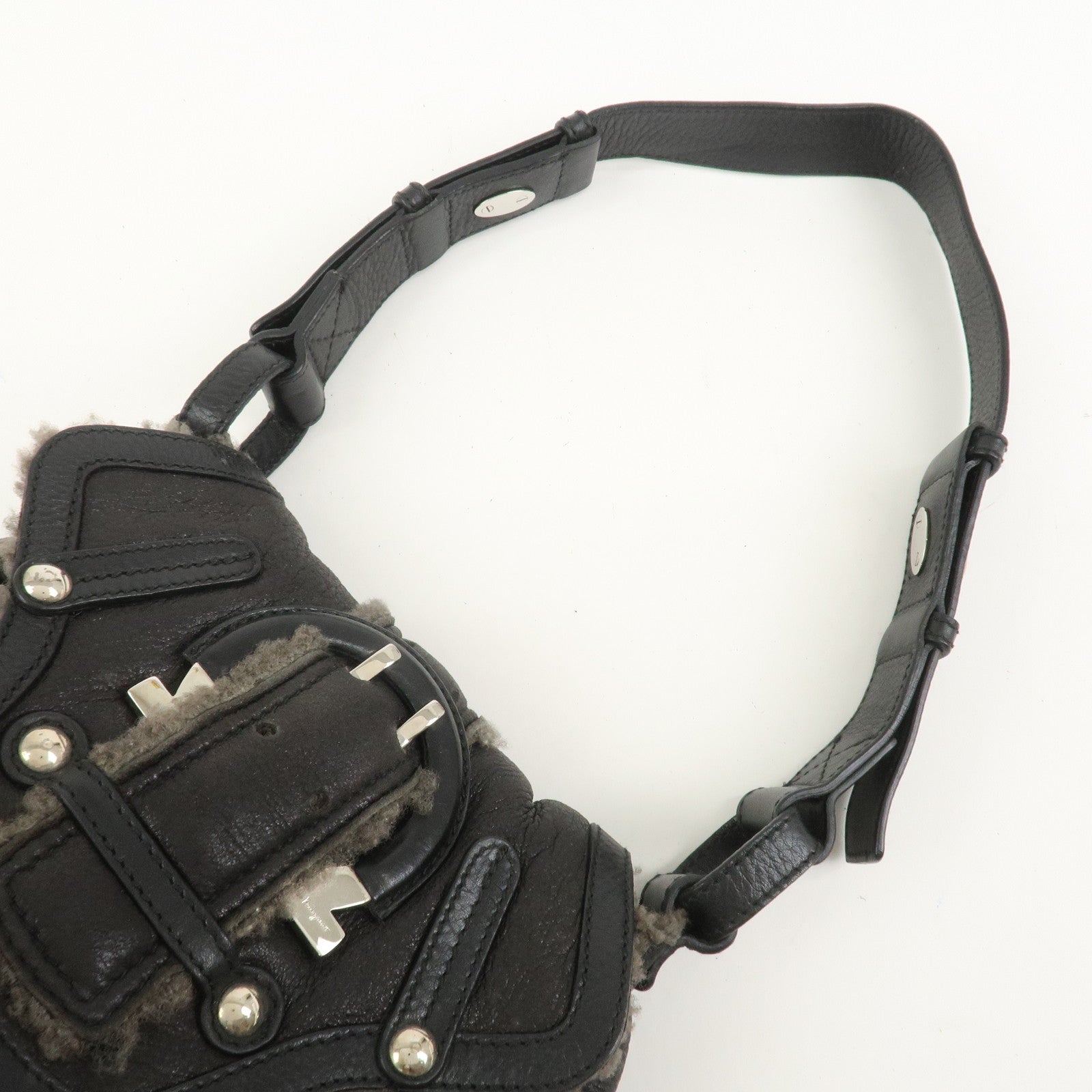 Ferragamo Gancini Mouton Leather Shoulder Bag Hand Bag Black