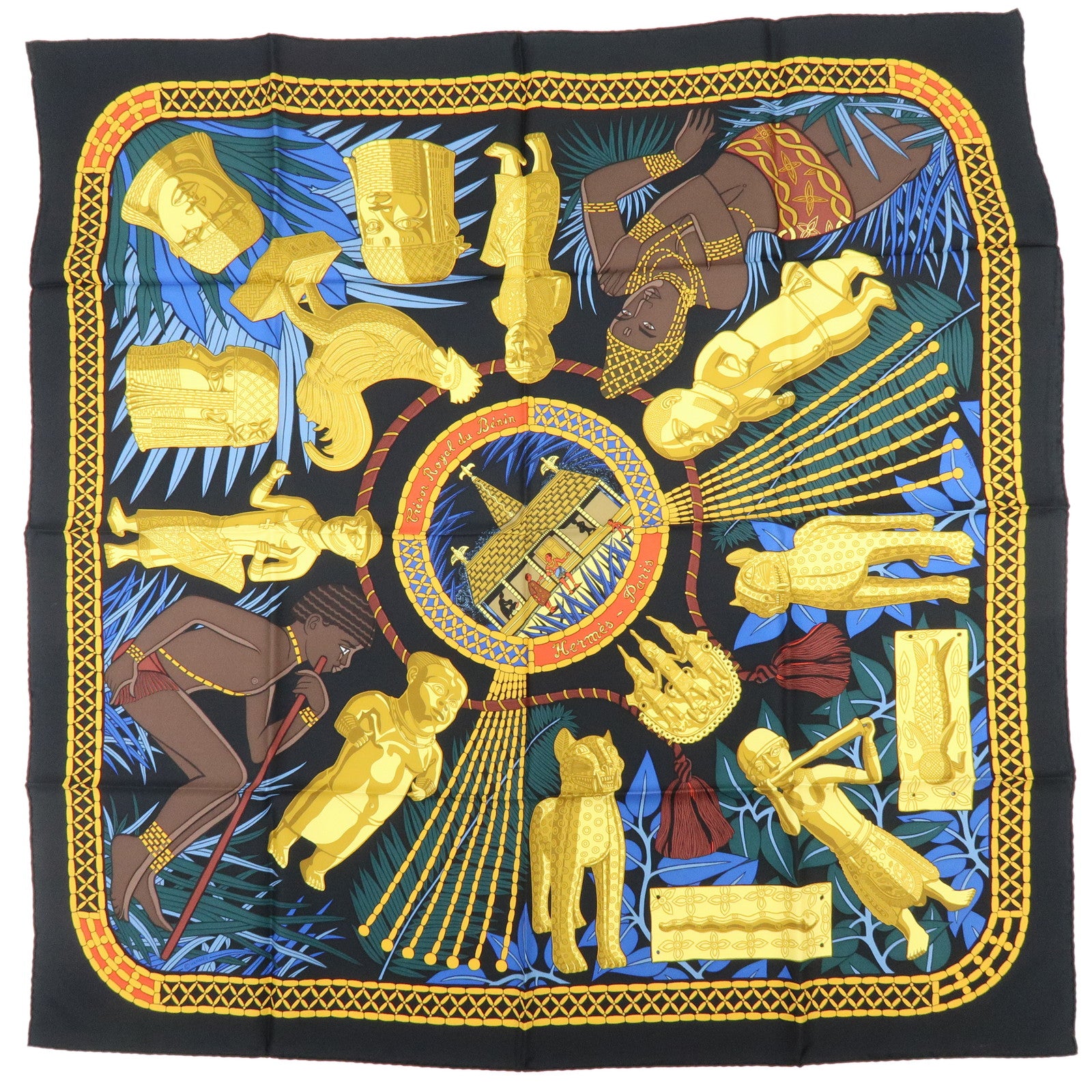 HERMES Carre 90 Silk 100% Scarf Tresor Royal Du Benin Black