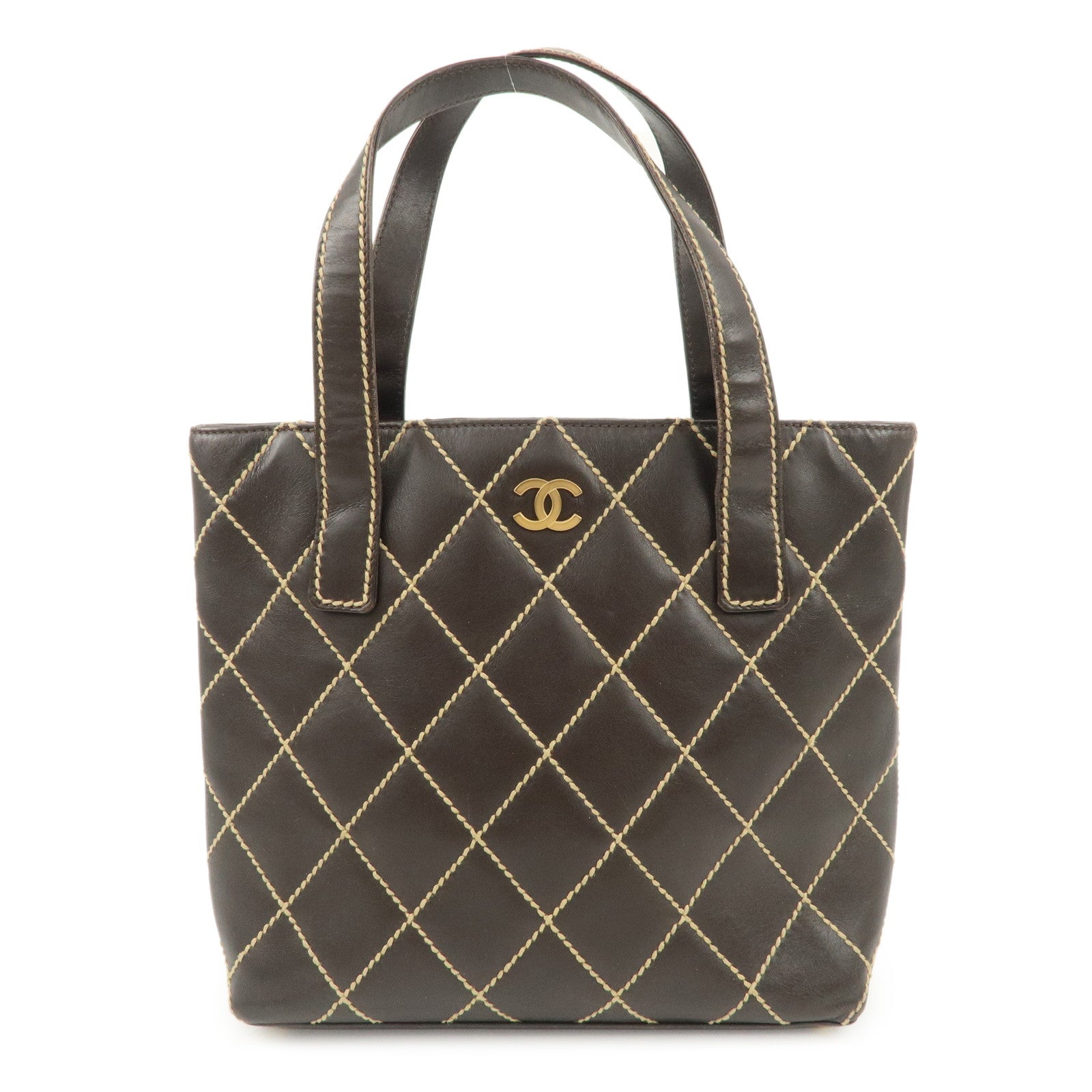 CHANEL COCO Mark Wild Stitch Leather Tote Bag Hand Bag Brown A18126 Used