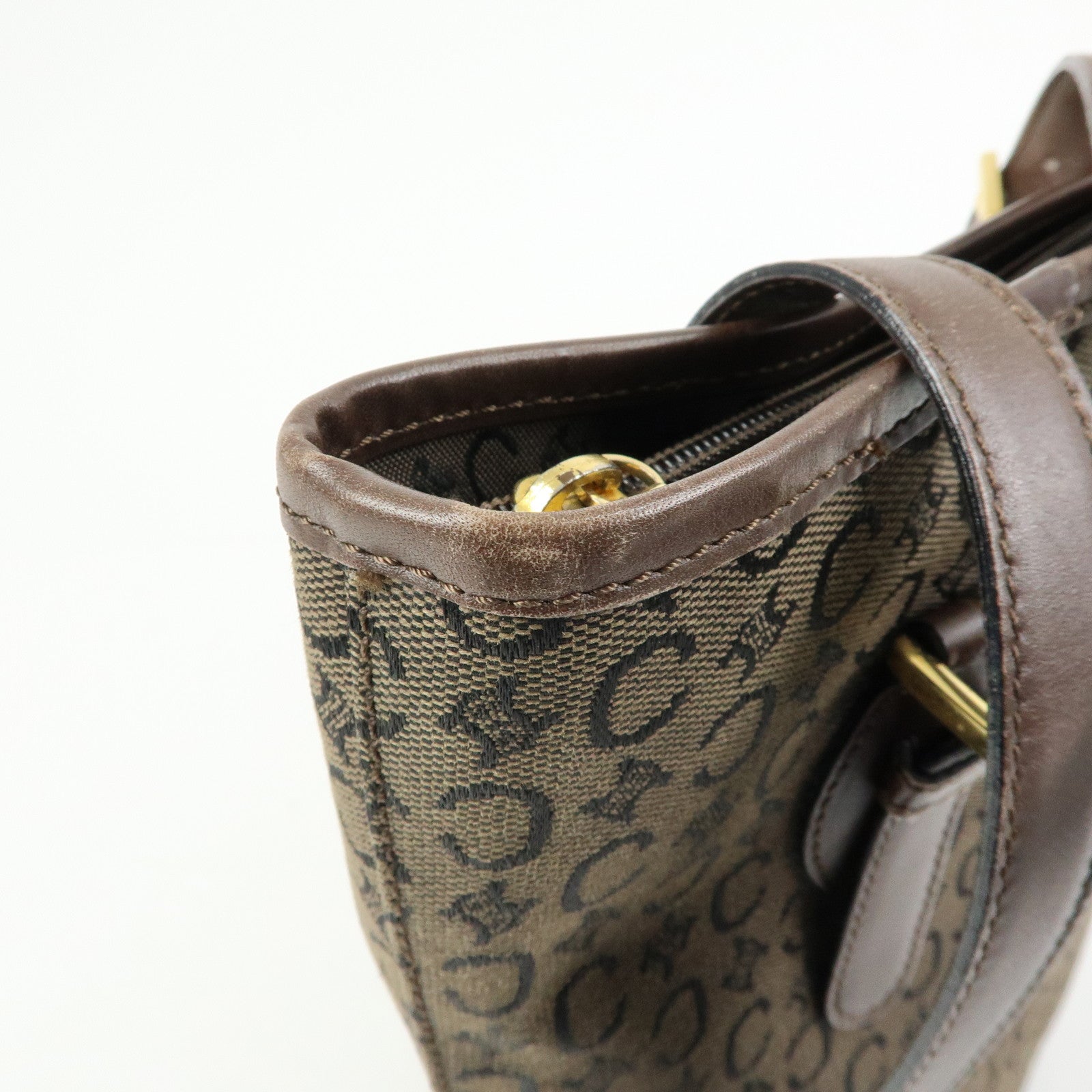 CELINE C Macadam Canvas Leather Tote Bag Shoulder Bag Brown