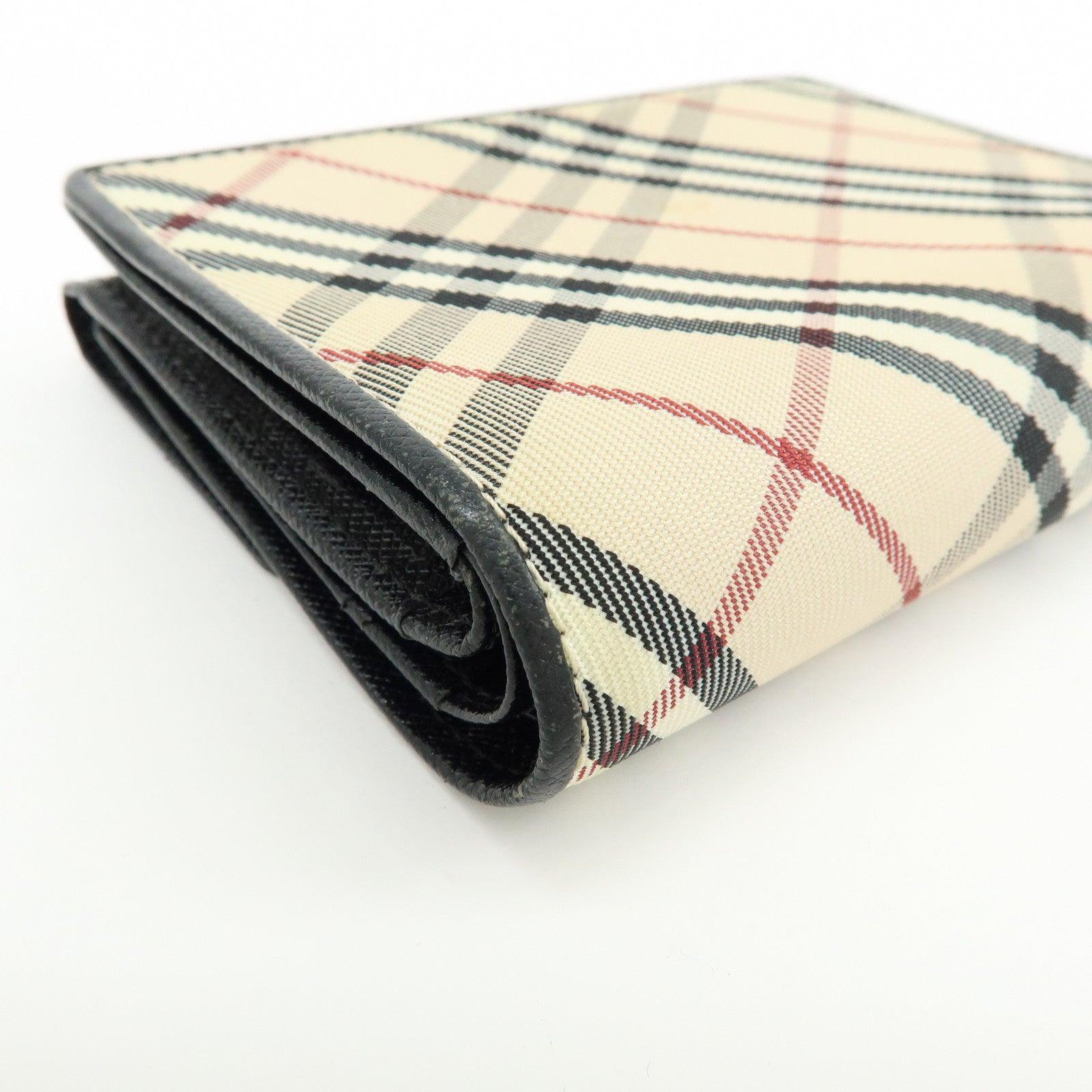 BURBERRY Nova Plaid Canvas Leather Compact Wallet Black Beige