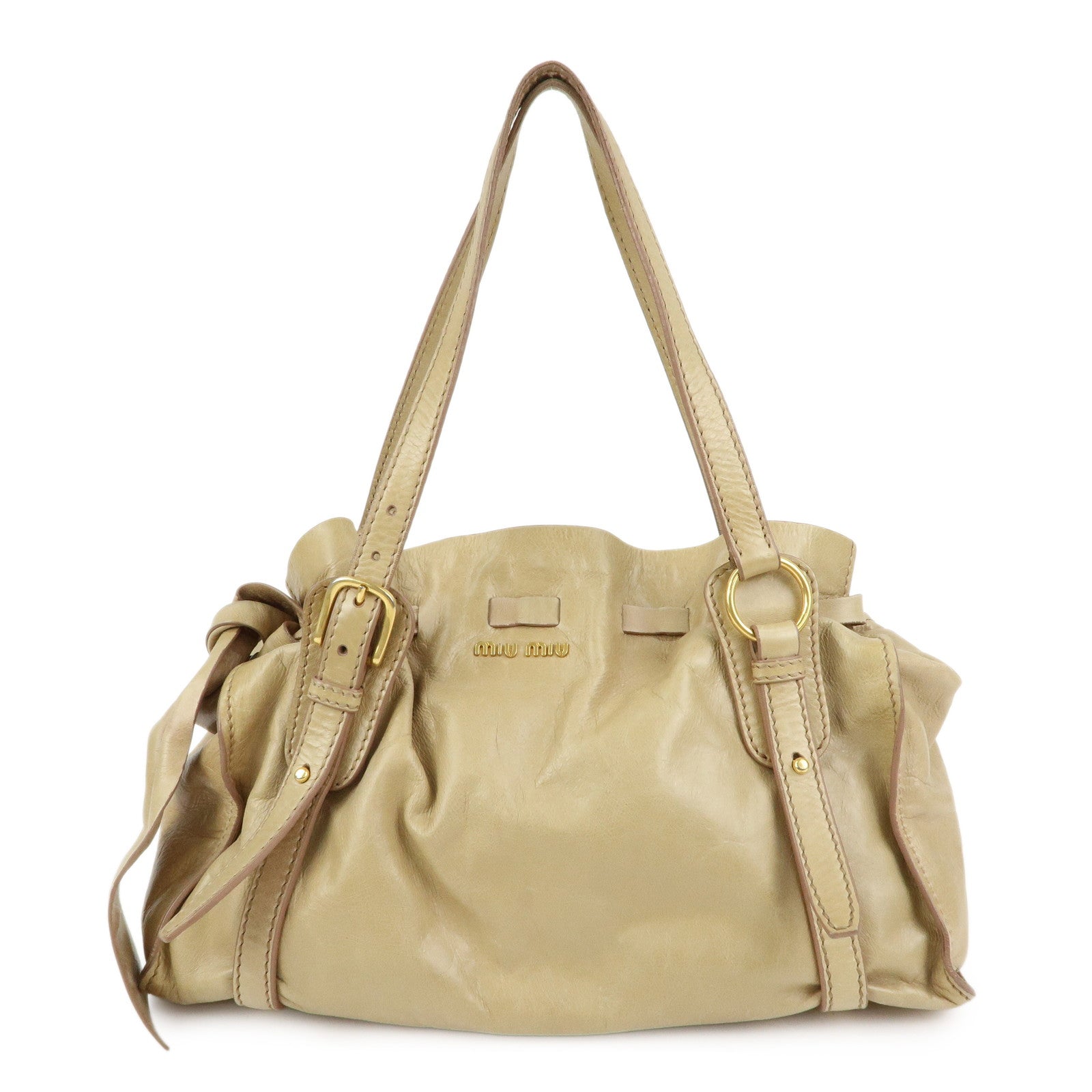 MIU MIU Logo Side Ribbon Leather Shoulder Bag Tote Bag Beige