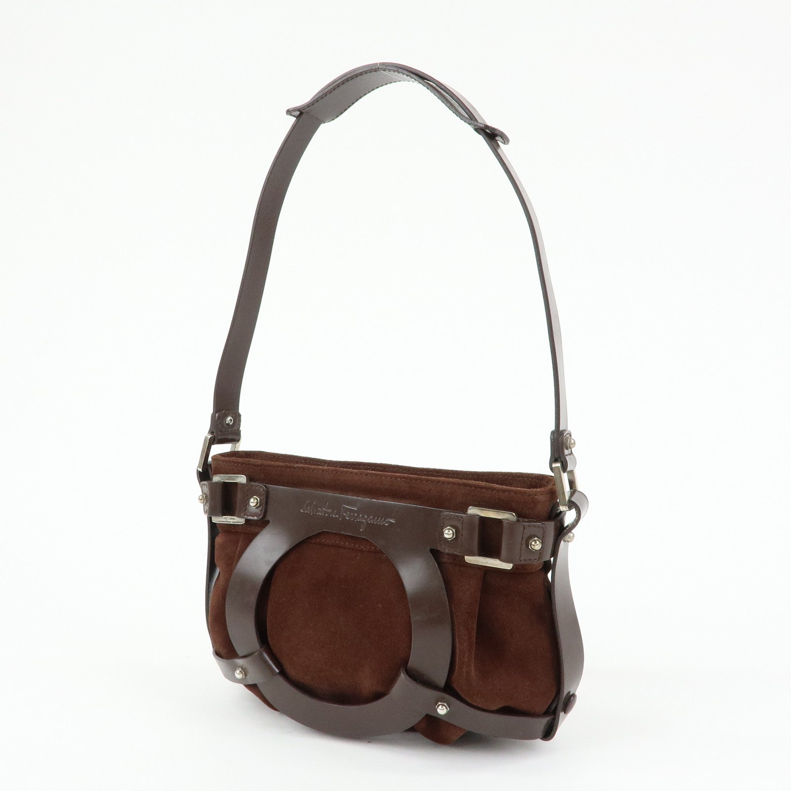 Ferragamo Gancini Suede Leather Hand Bag Shoulder Bag Dark Brown