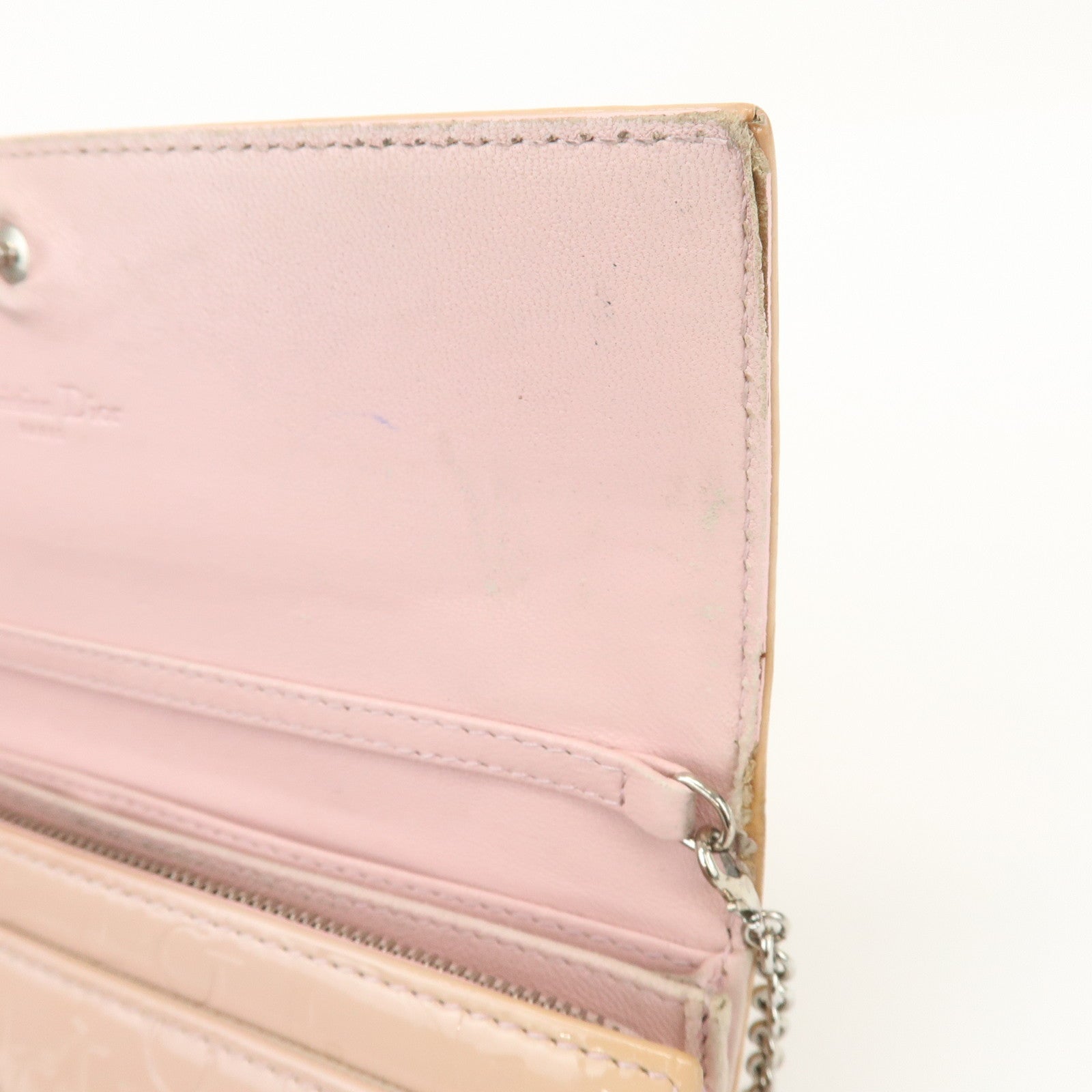 Christian Dior Patent Leather Chain Wallet Long Wallet WOC Beige