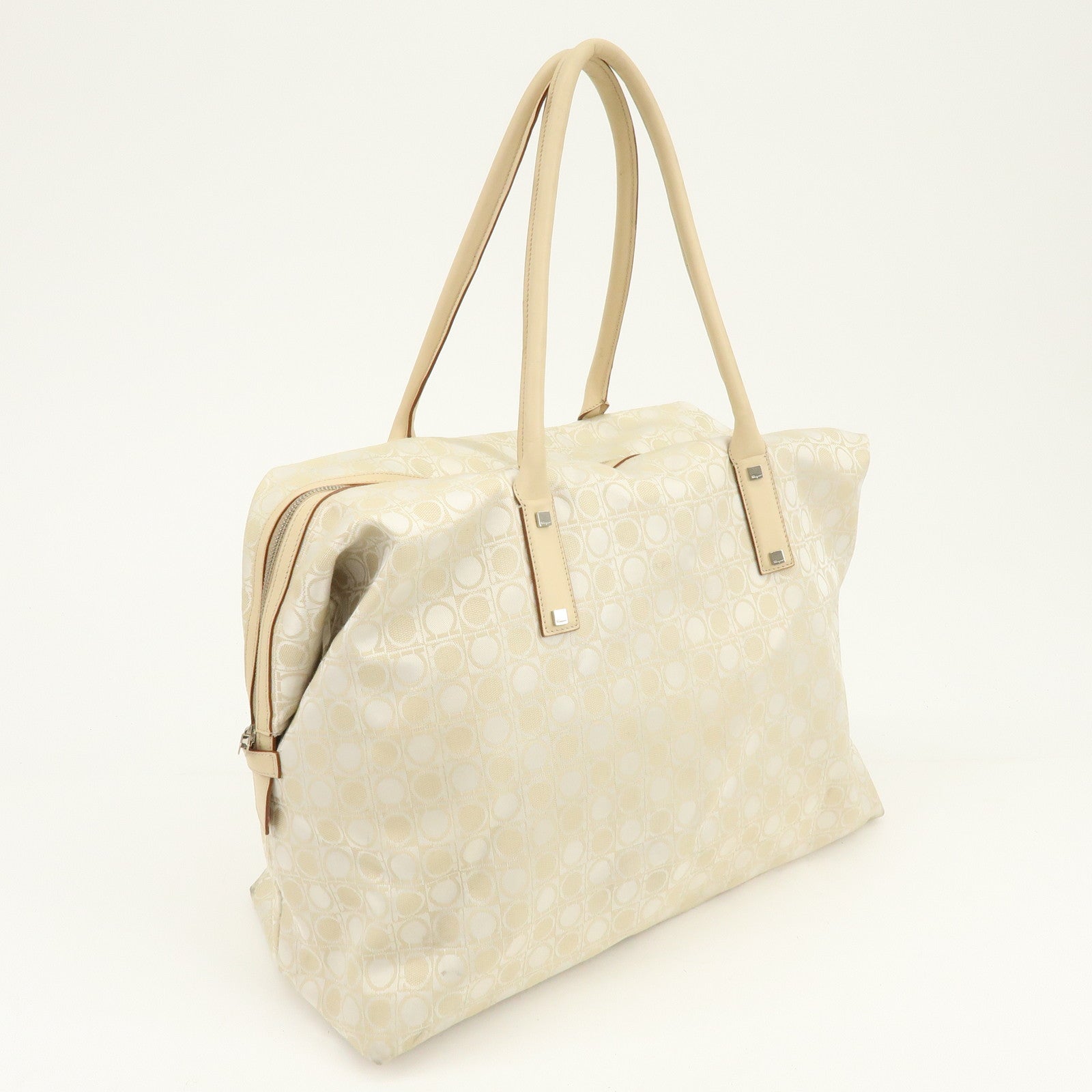 Ferragamo Gancini Canvas Leather Tote Bag Shoulder Bag Light Beige