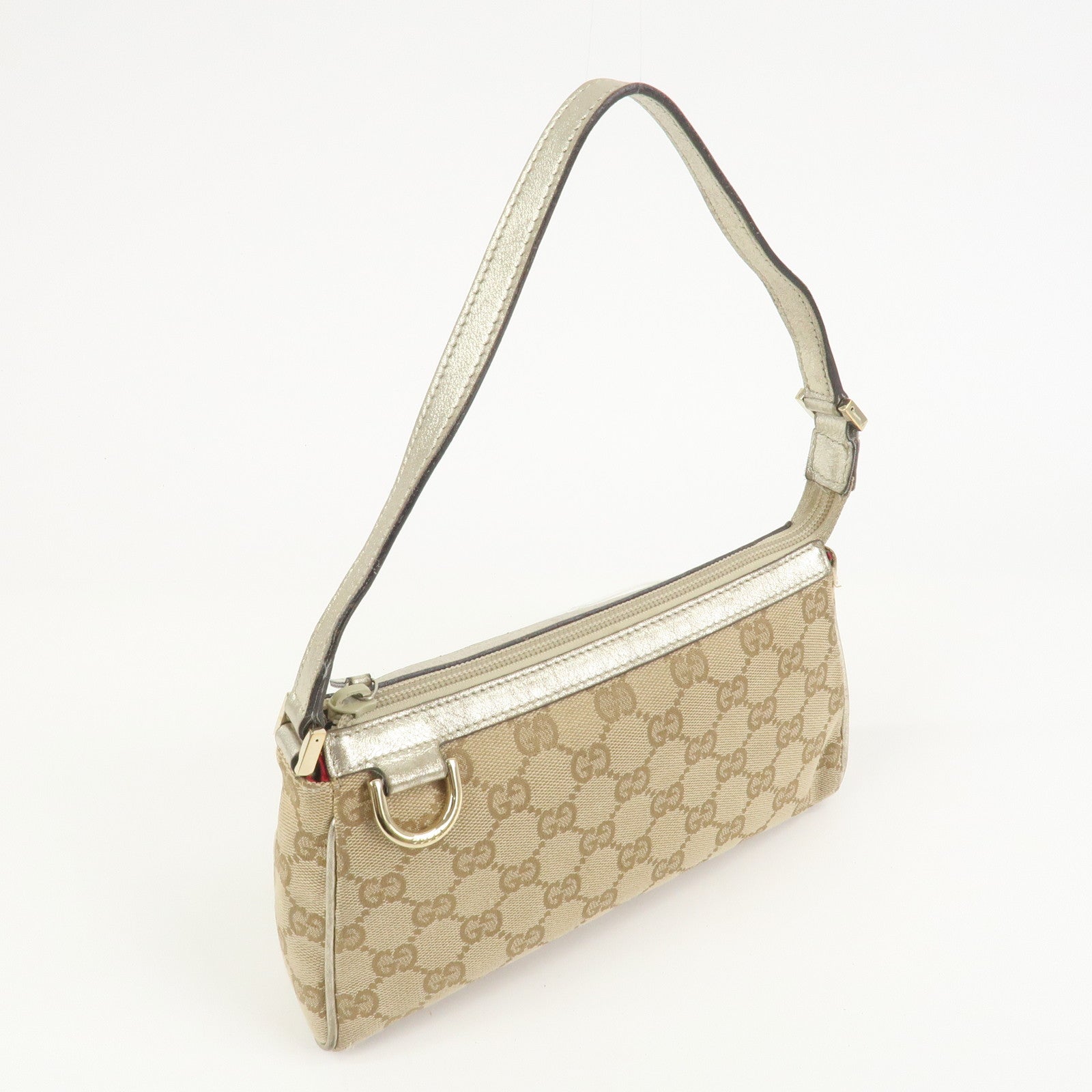 GUCCI Abbey GG Canvas Leather Pouch Hand Bag Beige Gold 145750