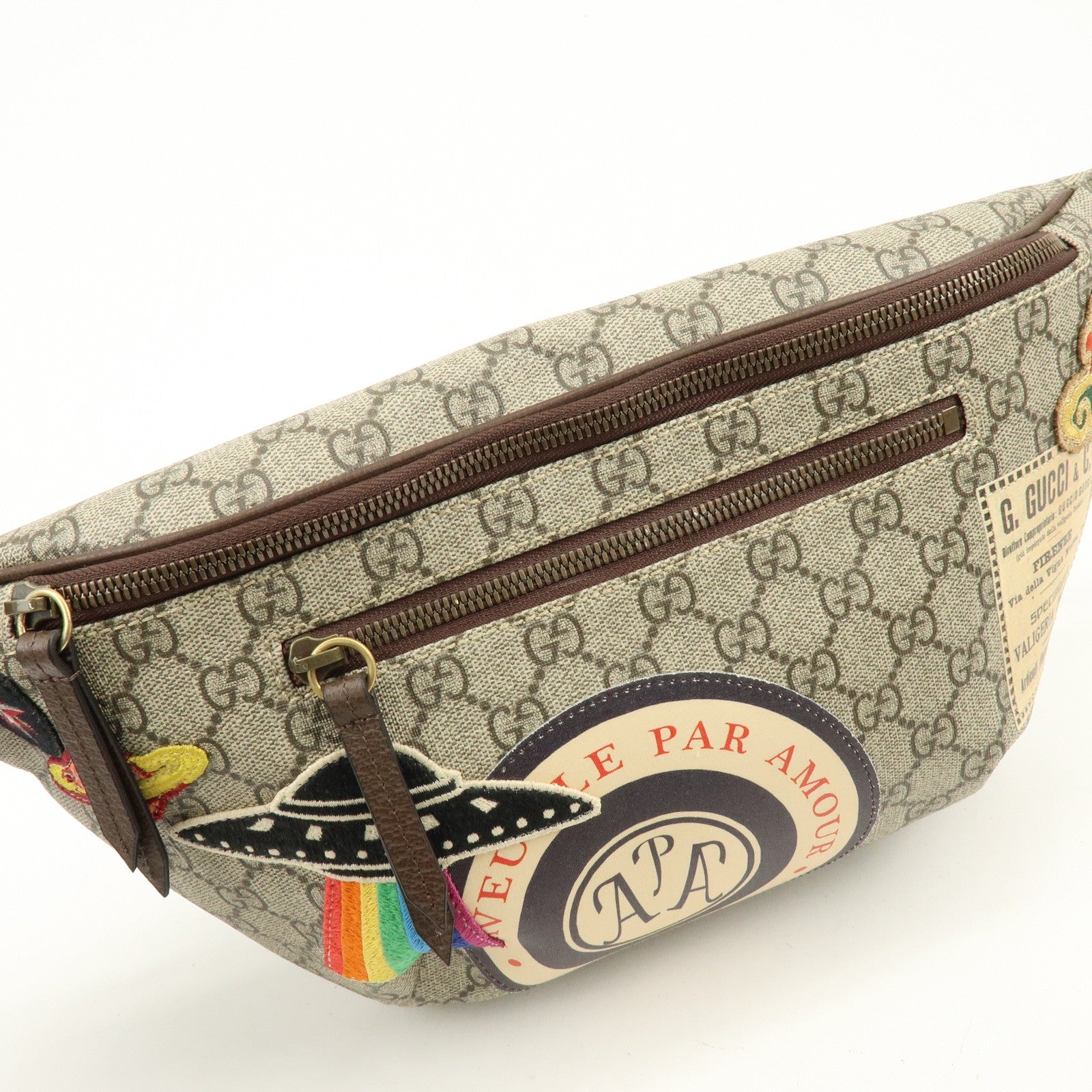 GUCCI Sherry GG Supreme Canvas Leather Waist Bag Gray Brown 529711