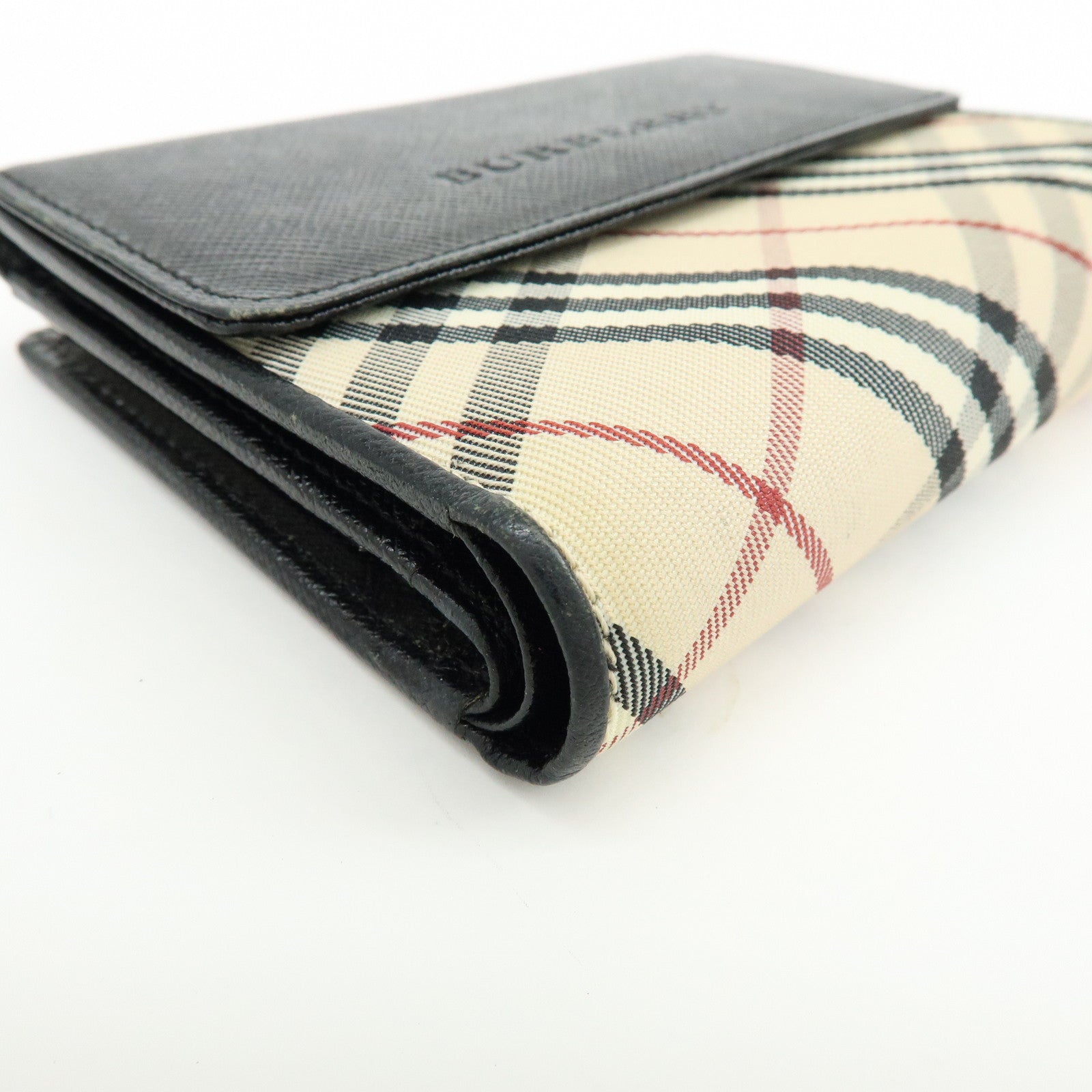 BURBERRY Nova Plaid Canvas Leather Compact Wallet Black Beige