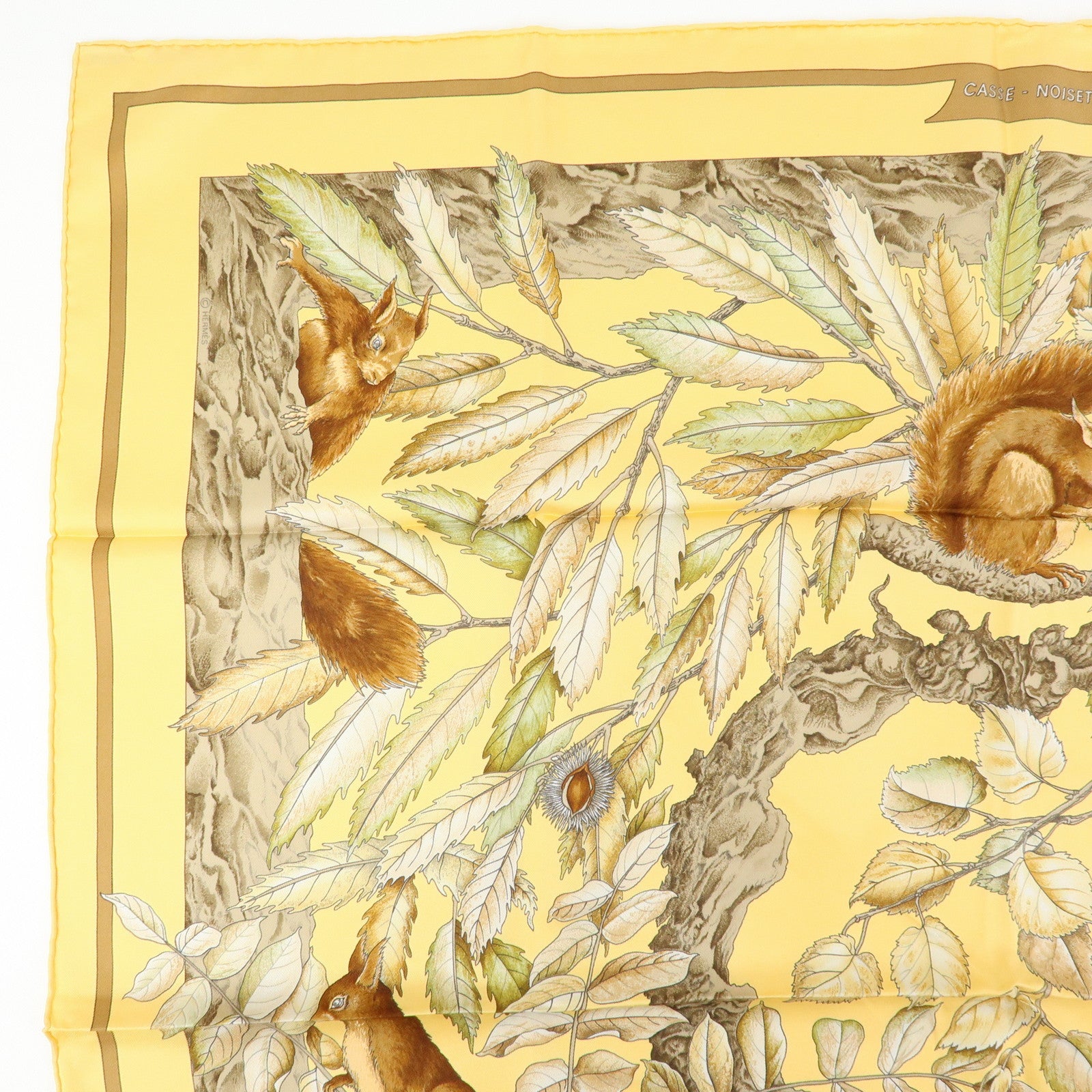 HERMES Carre 90 Silk 100% Scarf Casse Noisette Walnut Yellow Brown