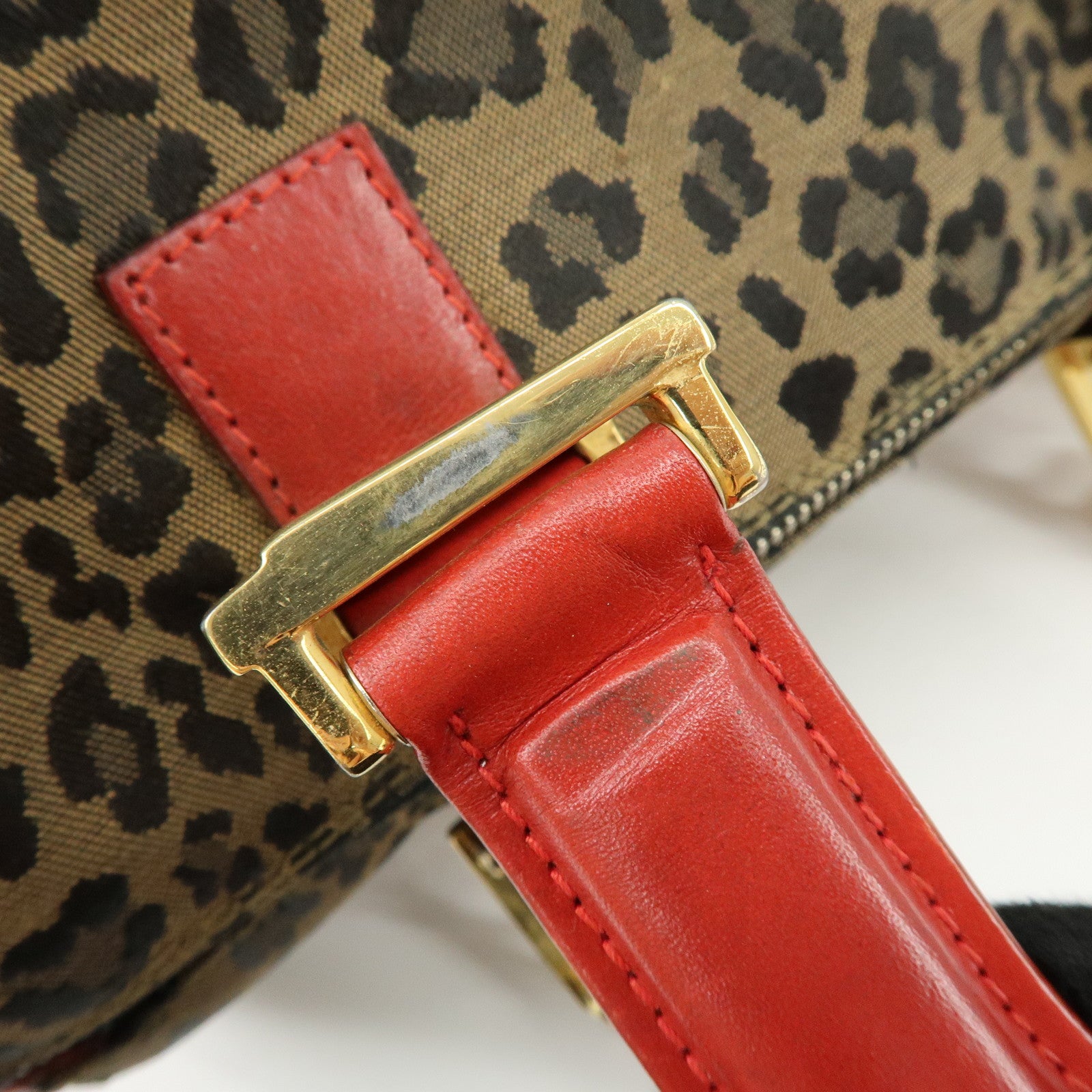 FENDI Canvas Leather Hand Bag Boston Bag Leopard Brown Red