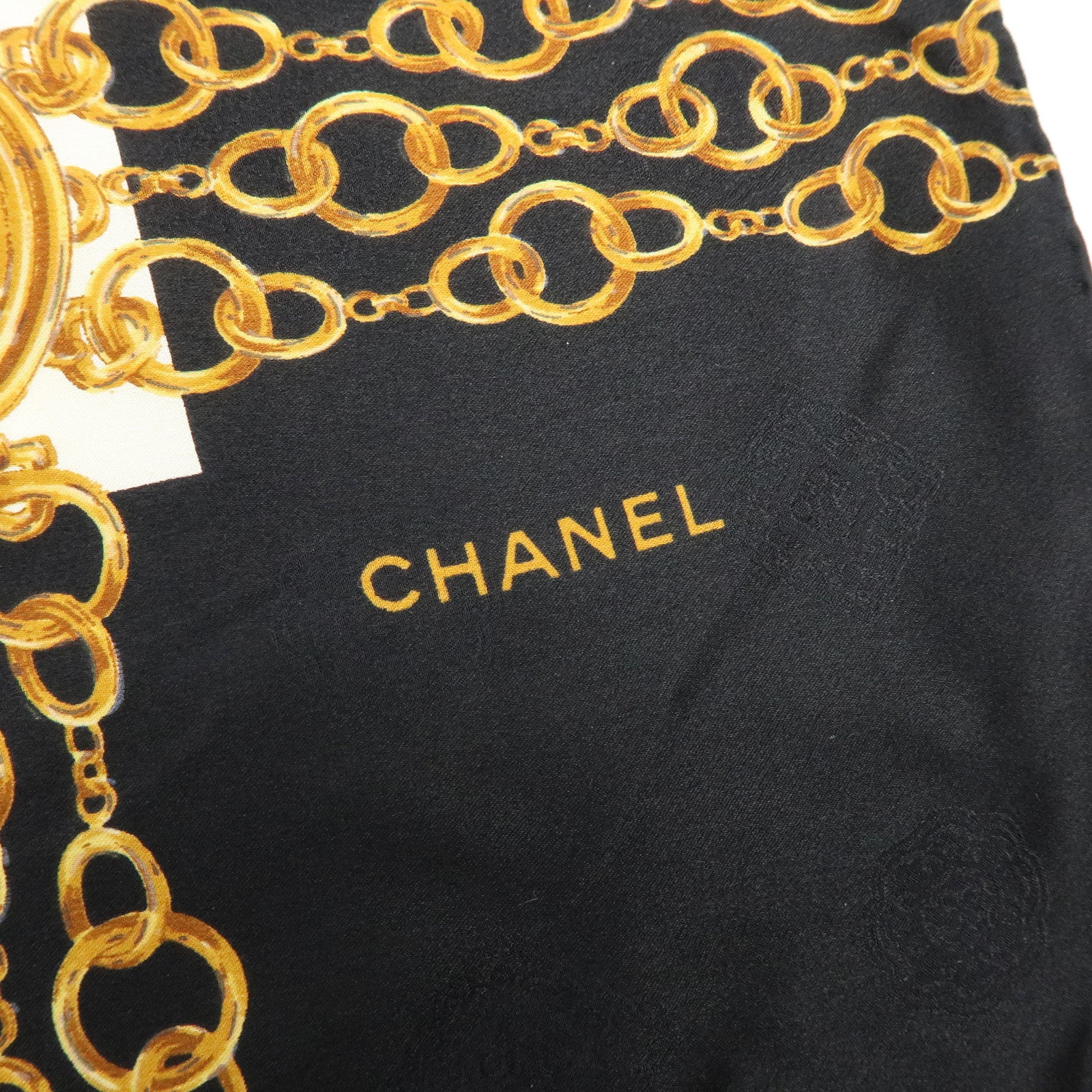 CHANEL Silk 100% Scarf Gold Chain Motif Black White