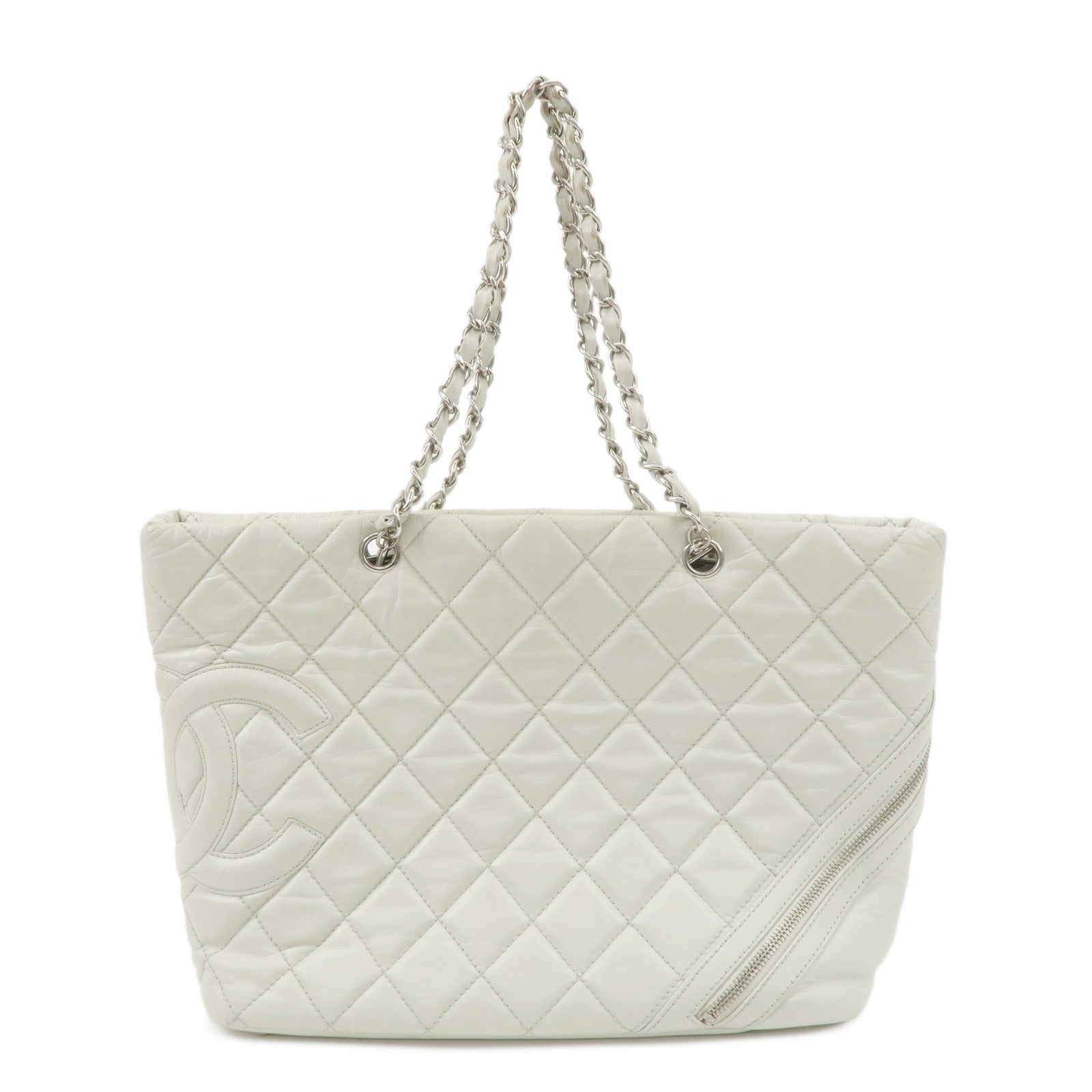 CHANEL Cambon Line Cotton Club Lamb Skin Shoulder Bag Hand Bag White A34318 Used