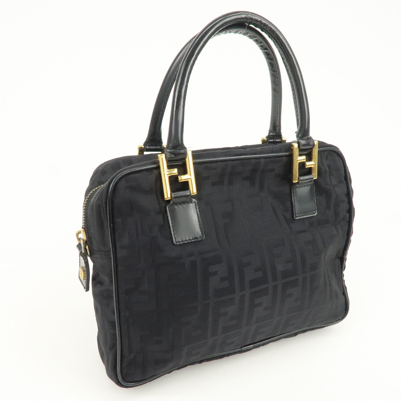 FENDI Zucca Nylon Hand Bag Shoulder Bag Black Gold