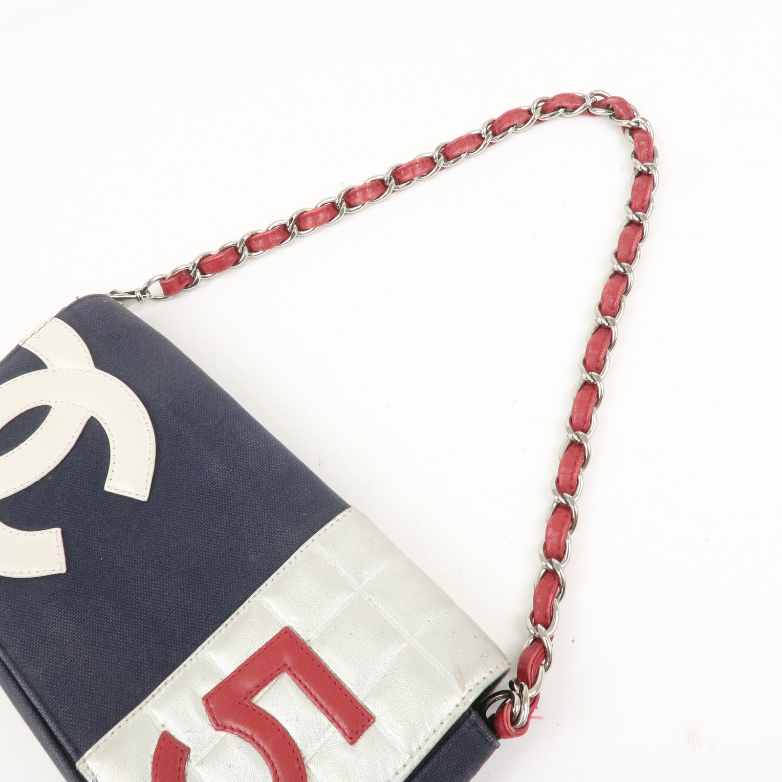 CHANEL No.5 Canvas Leather Chain Shoulder Bag Hand Bag Navy Silver