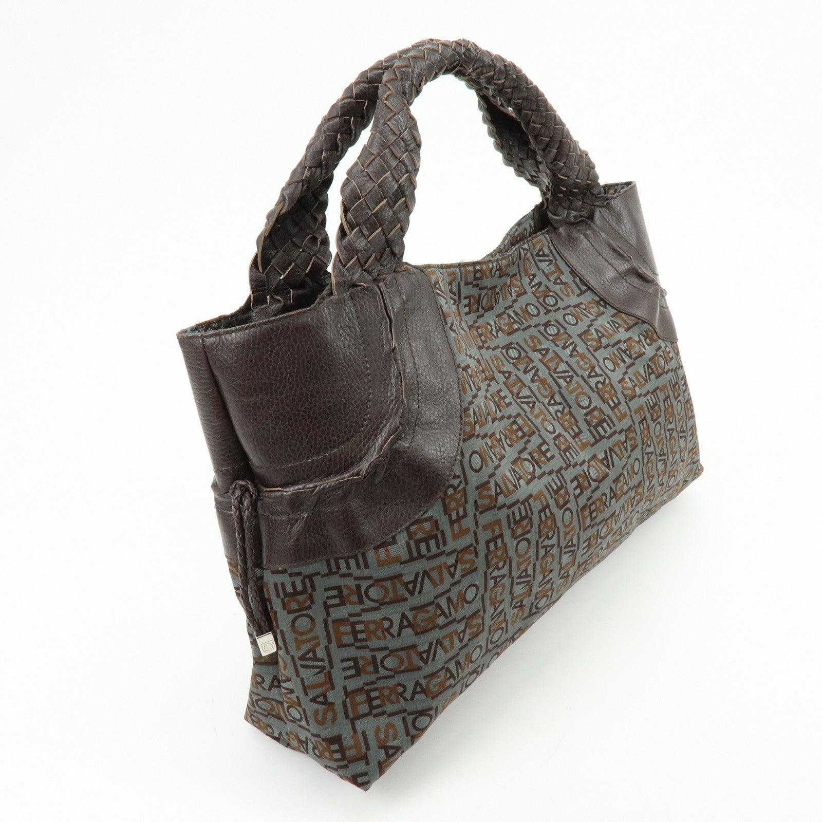 Ferragamo Gancini Canvas Leather Tote Bag Shoulder Bag Brown