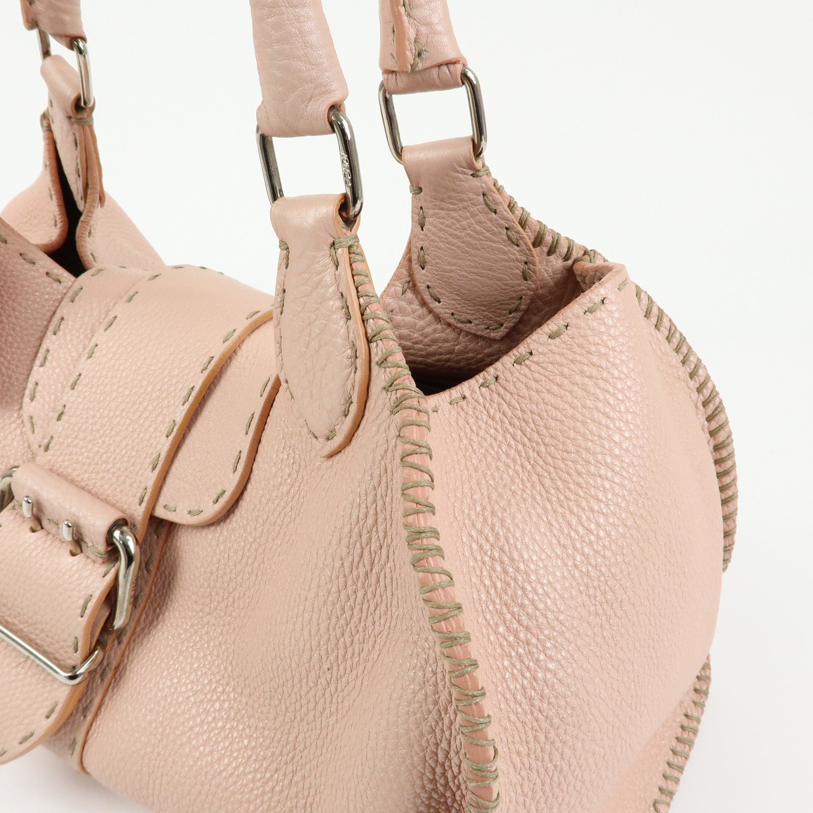 FENDI Selleria Stitches Leather Tote Bag Hand Bag Pink 8BR457
