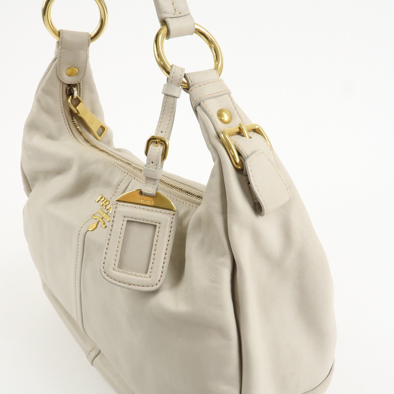 PRADA Logo Leather Shoulder Bag Hand Bag Ivory Gold Hardware Used