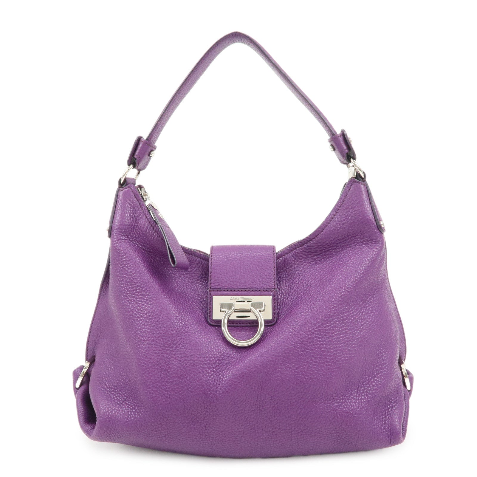 Ferragamo Gancini Logo Leather Shoulder Bag Hand Bag Purple