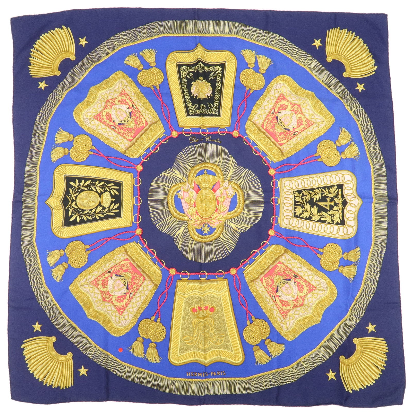 HERMES Carre 90 Silk 100% Paste et Bavalerie Scarf Blue Gold