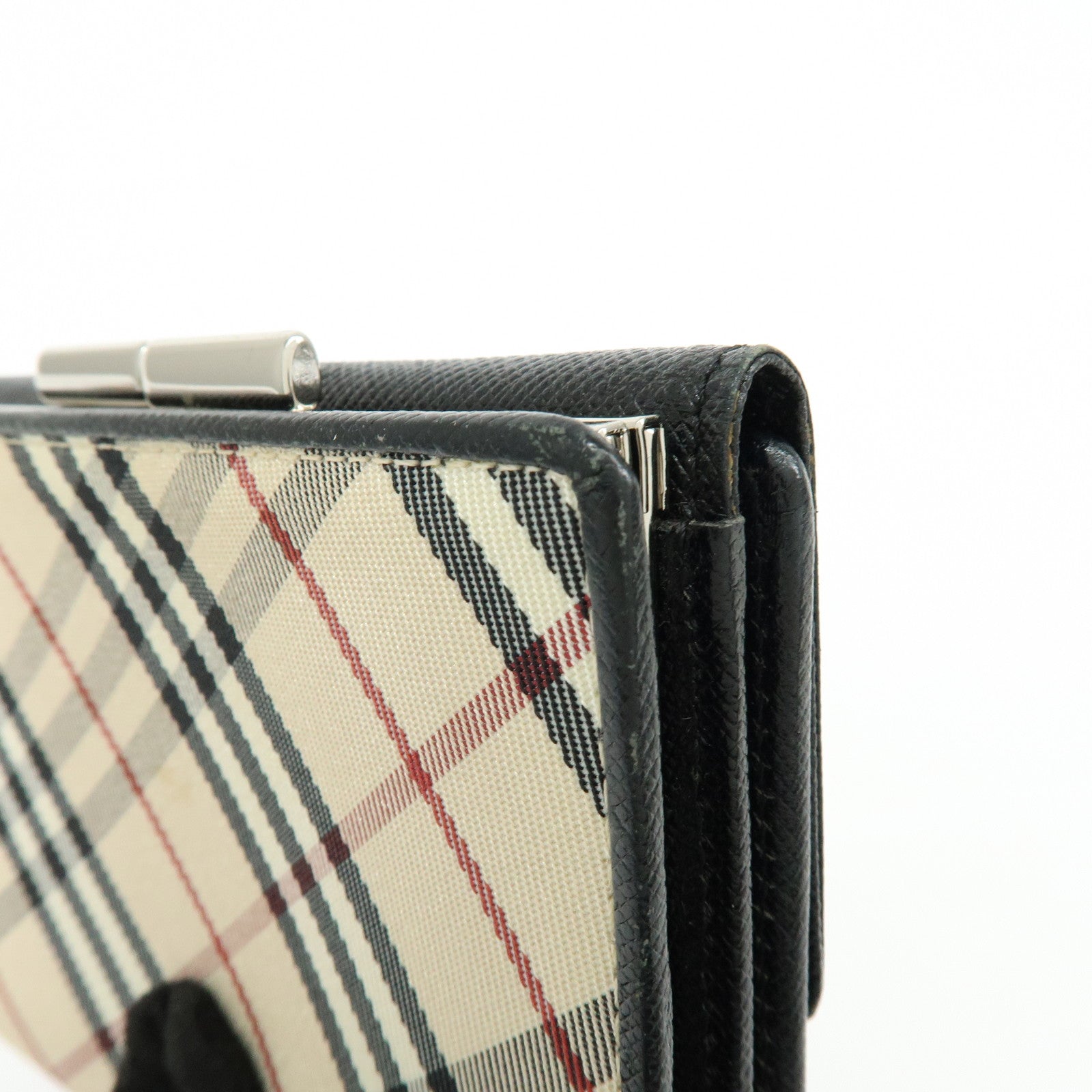 BURBERRY Nova Plaid Canvas Leather Compact Wallet Black Beige