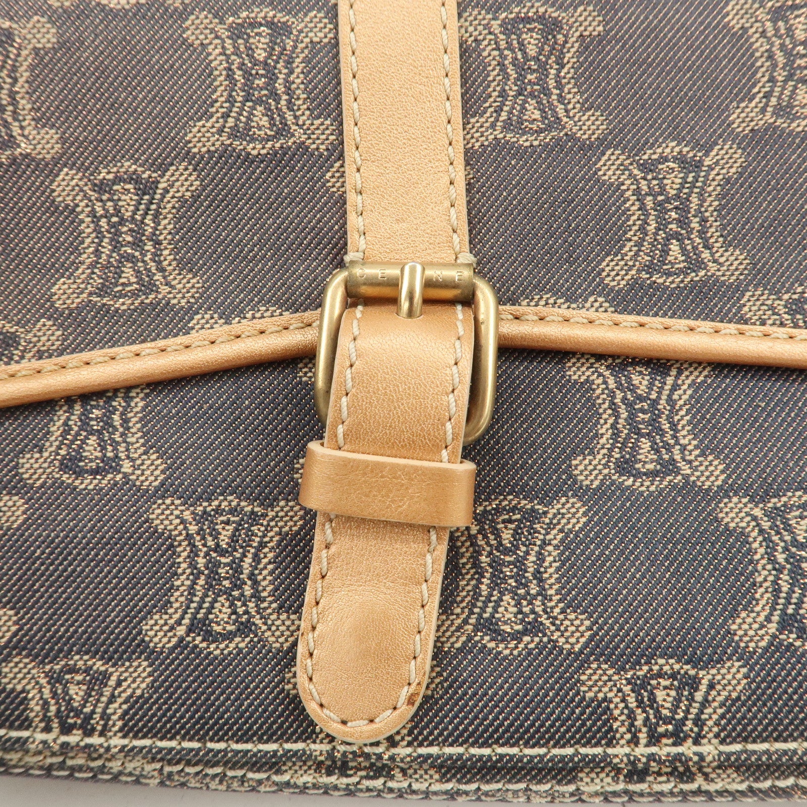 CELINE Macadam Denim Leather Shoulder Bag Metalic Pink Beige Navy